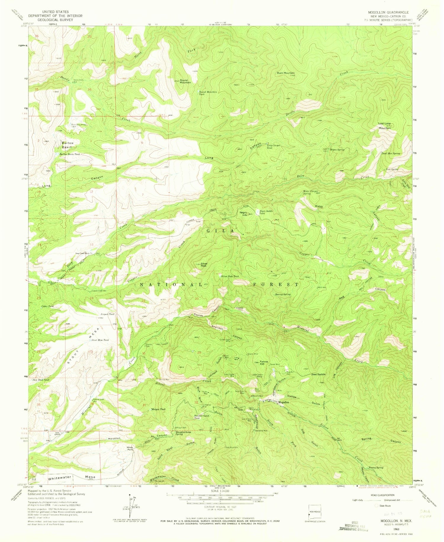 Classic USGS Mogollon New Mexico 7.5'x7.5' Topo Map Image