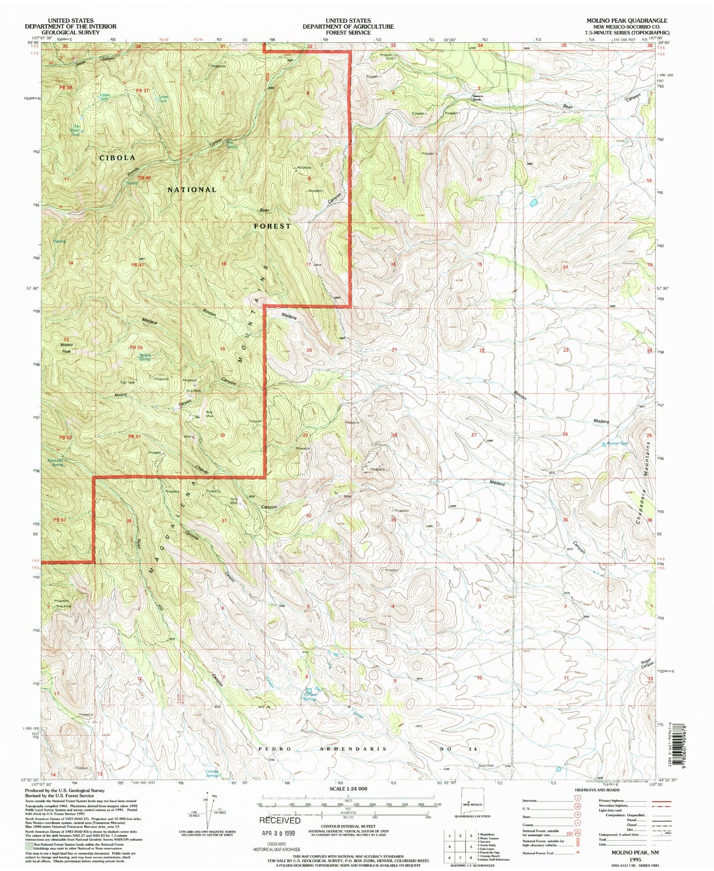 Classic USGS Molino Peak New Mexico 7.5'x7.5' Topo Map Image