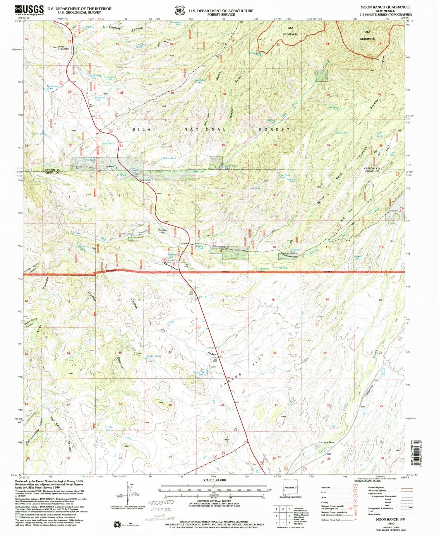 Classic USGS Moon Ranch New Mexico 7.5'x7.5' Topo Map Image