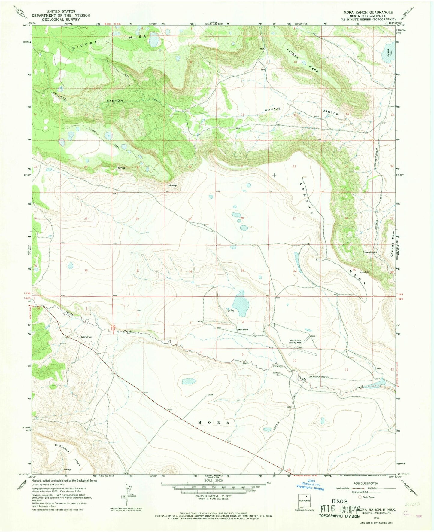 Classic USGS Mora Ranch New Mexico 7.5'x7.5' Topo Map Image