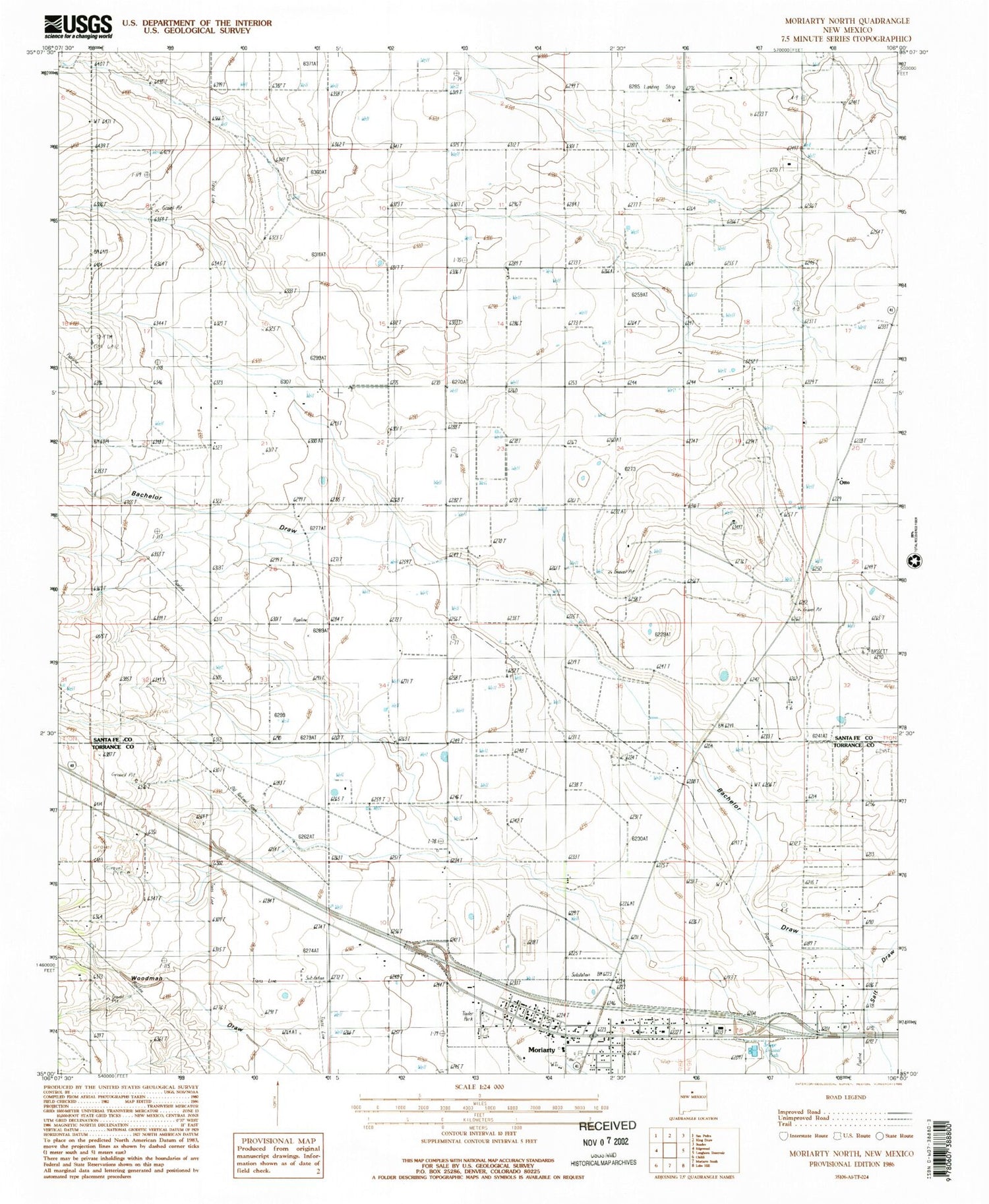 Classic USGS Moriarty North New Mexico 7.5'x7.5' Topo Map Image