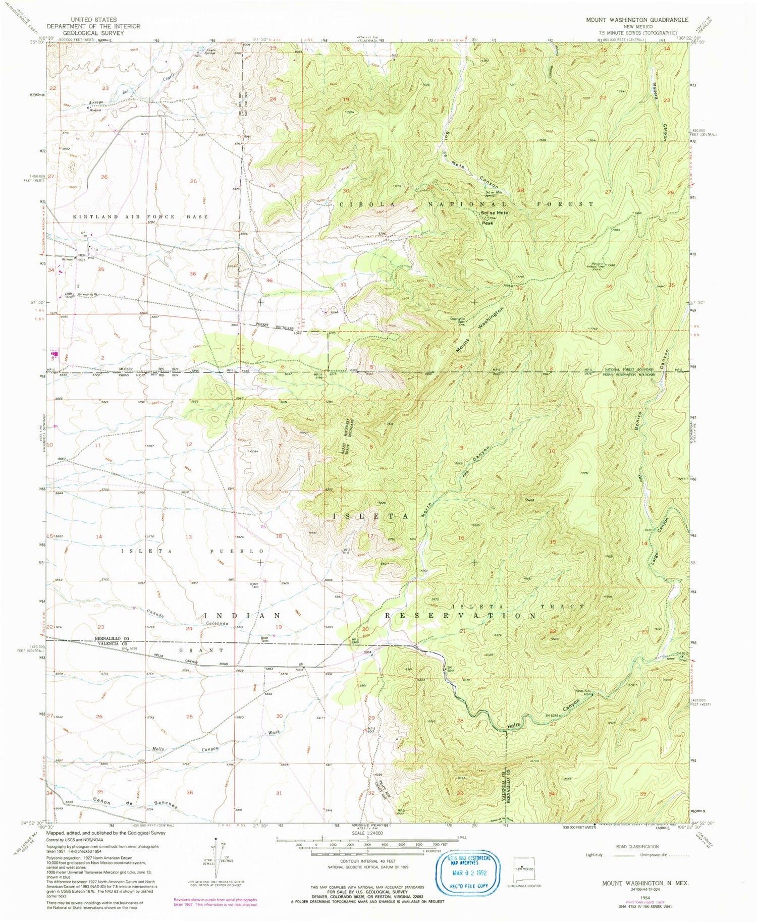 Classic USGS Mount Washington New Mexico 7.5'x7.5' Topo Map Image