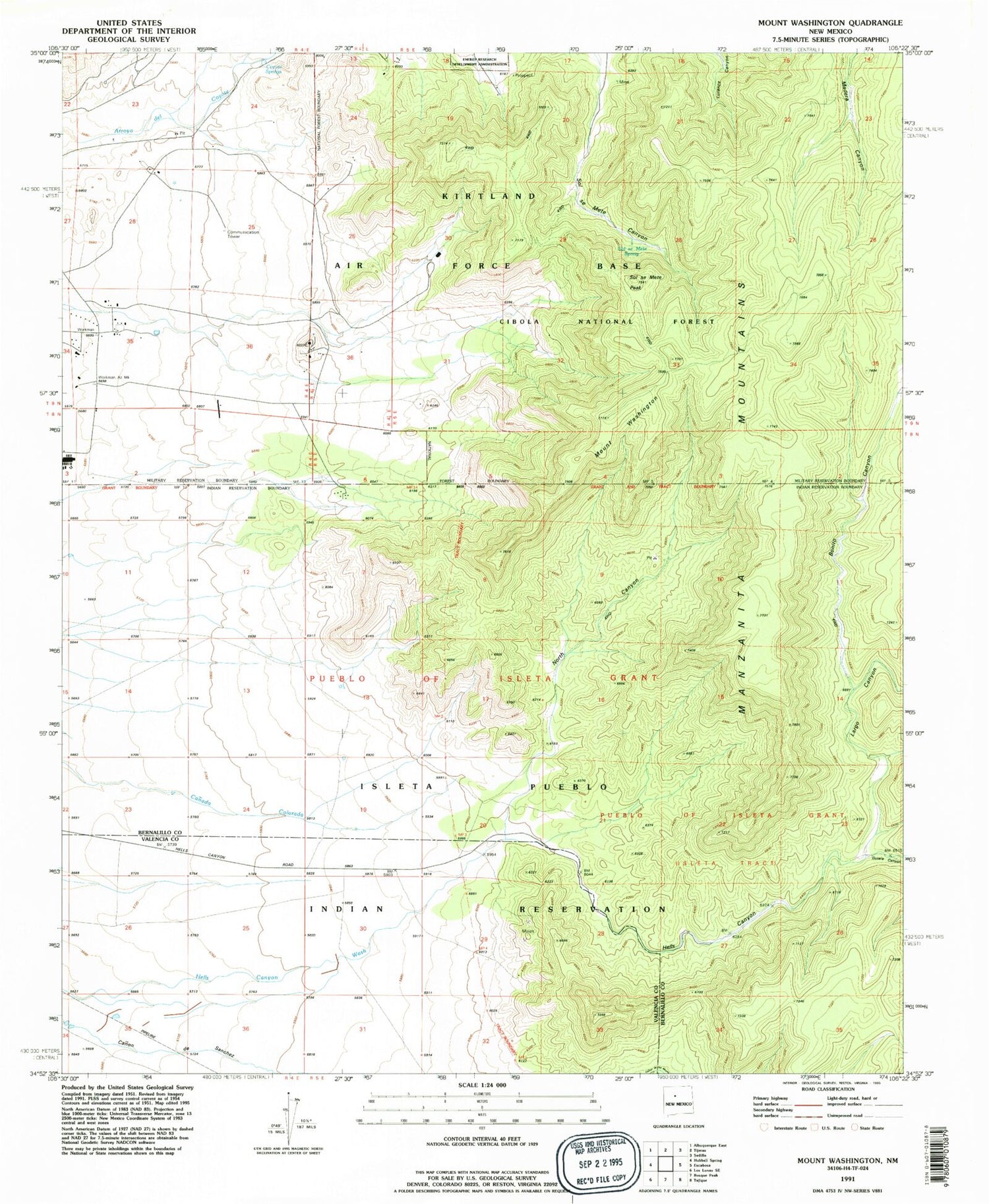 Classic USGS Mount Washington New Mexico 7.5'x7.5' Topo Map Image