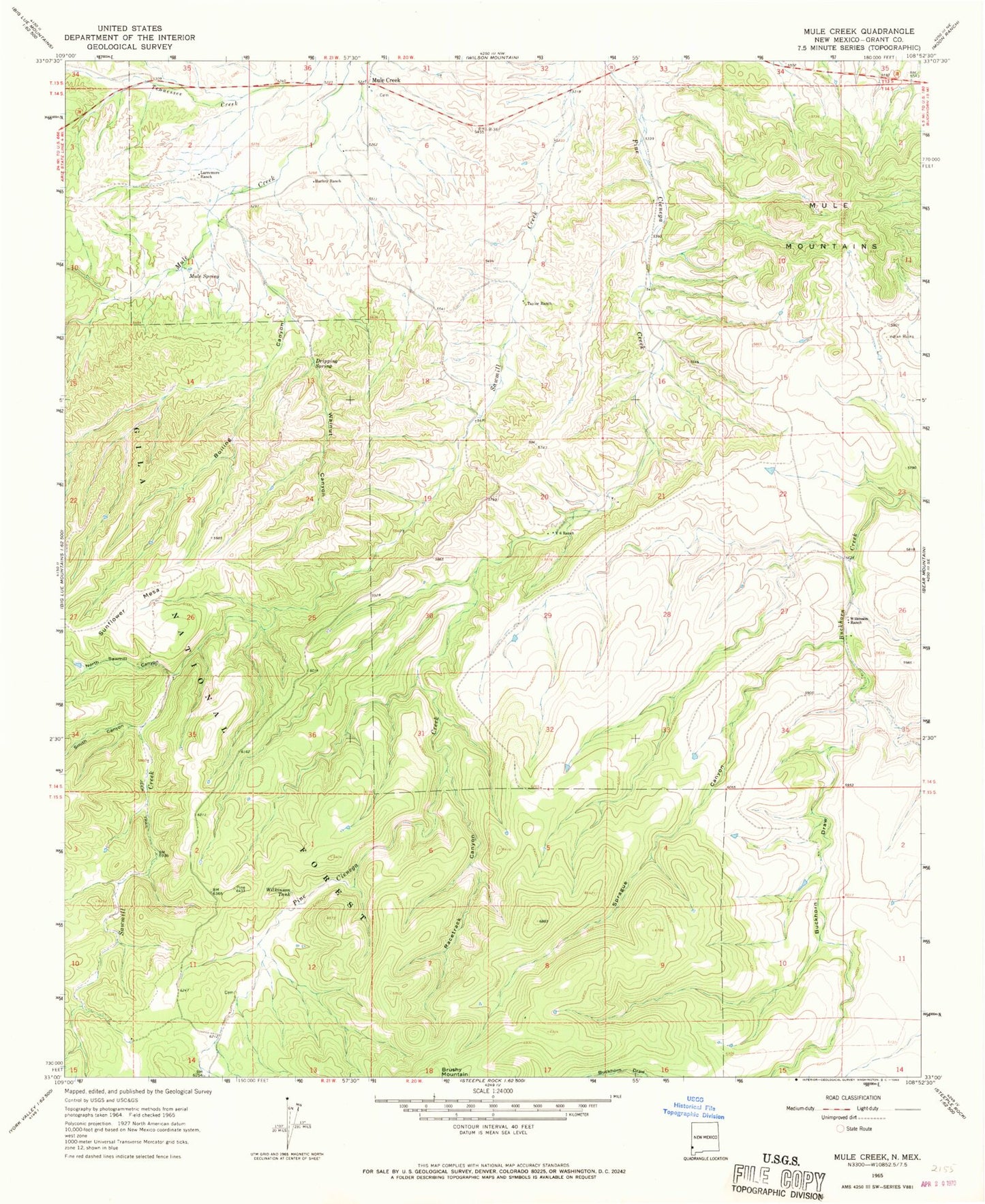 Classic USGS Mule Creek New Mexico 7.5'x7.5' Topo Map Image