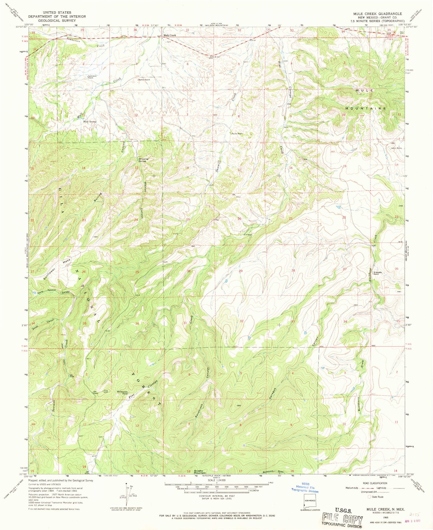 Classic USGS Mule Creek New Mexico 7.5'x7.5' Topo Map Image