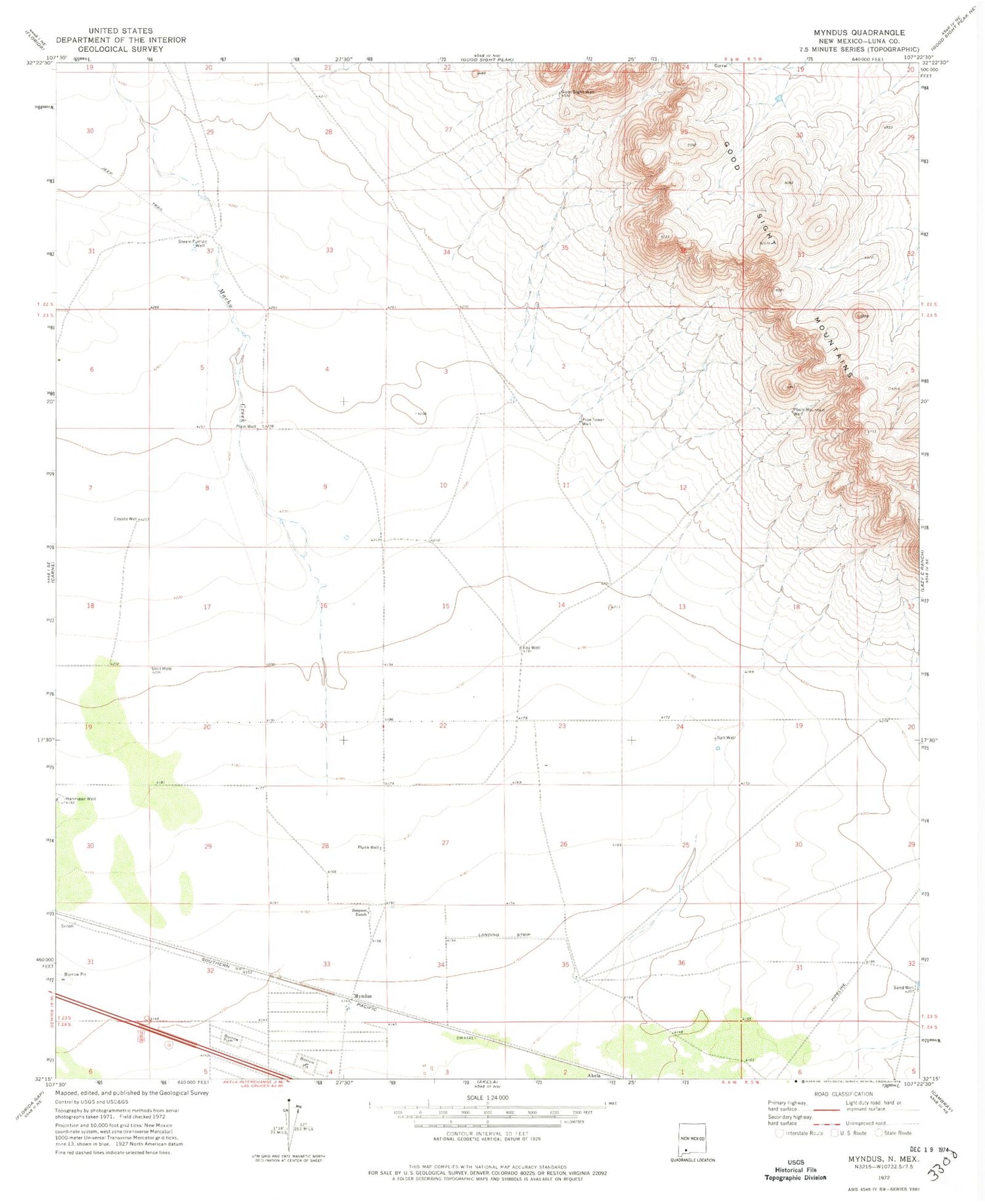 Classic USGS Myndus New Mexico 7.5'x7.5' Topo Map Image