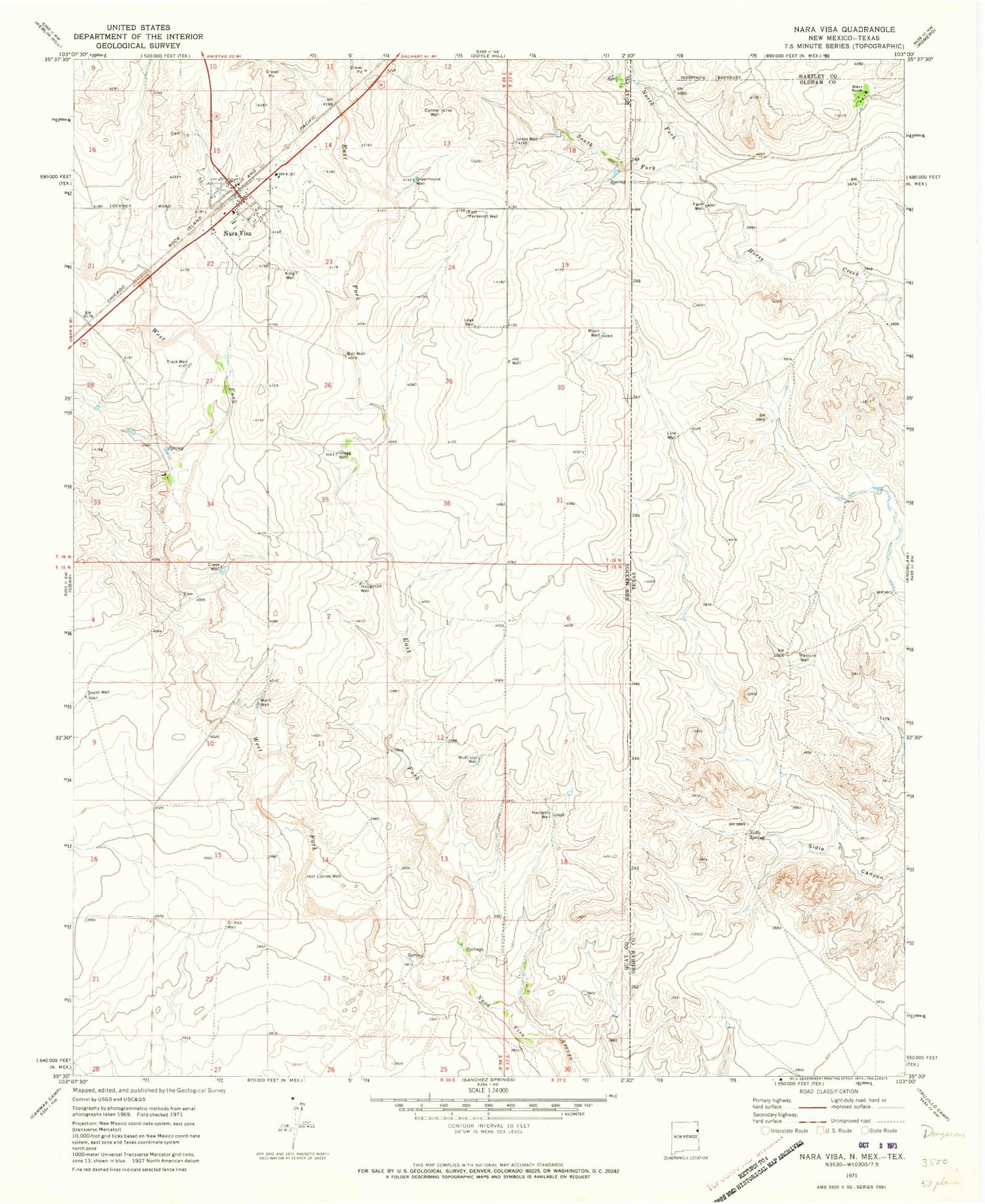 Classic USGS Nara Visa New Mexico 7.5'x7.5' Topo Map Image