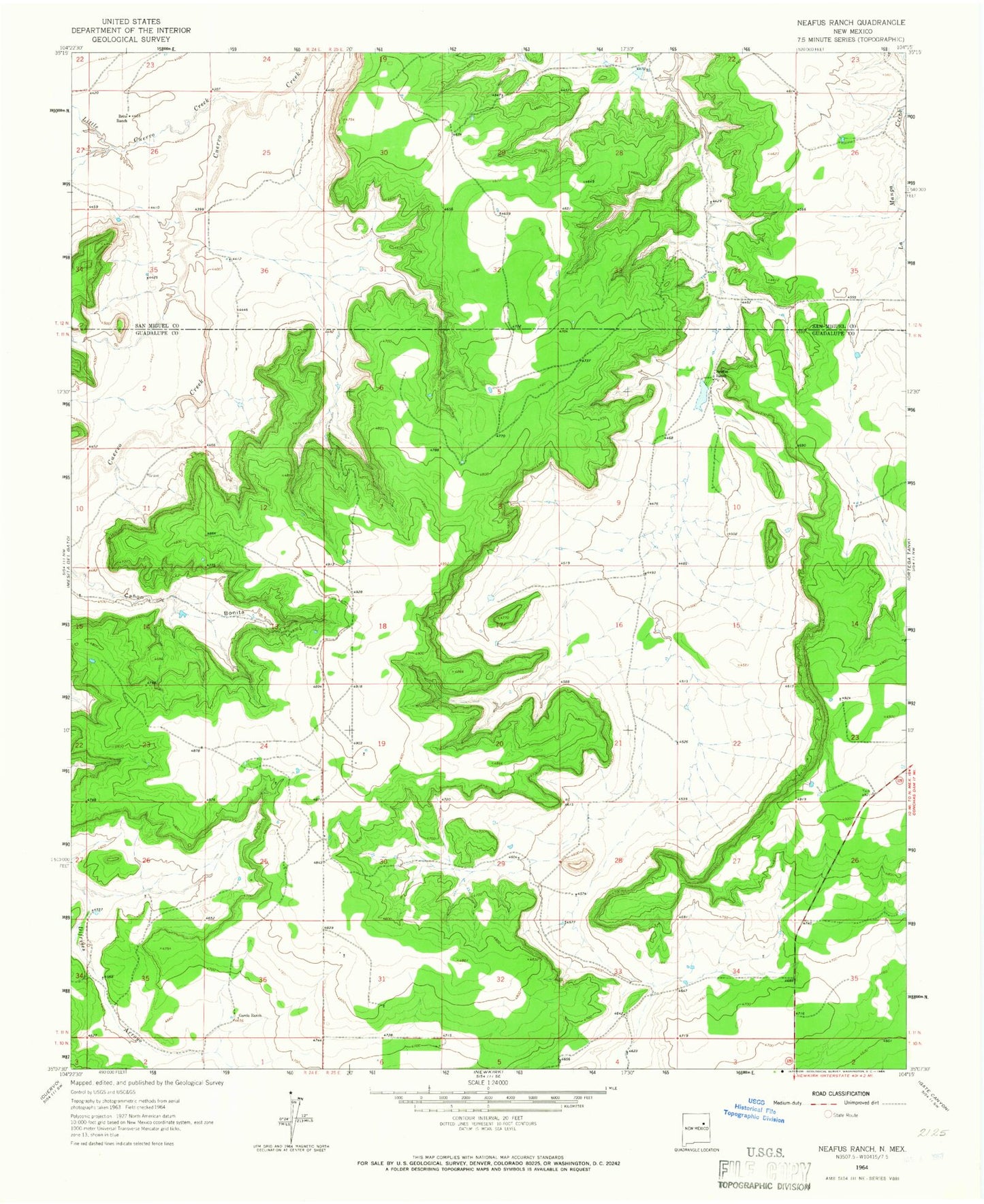 Classic USGS Neafus Ranch New Mexico 7.5'x7.5' Topo Map Image