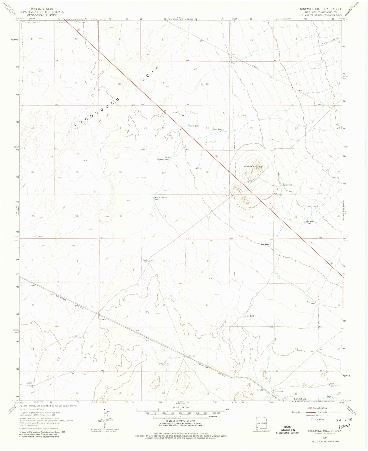 Classic USGS Ninemile Hill New Mexico 7.5'x7.5' Topo Map Image
