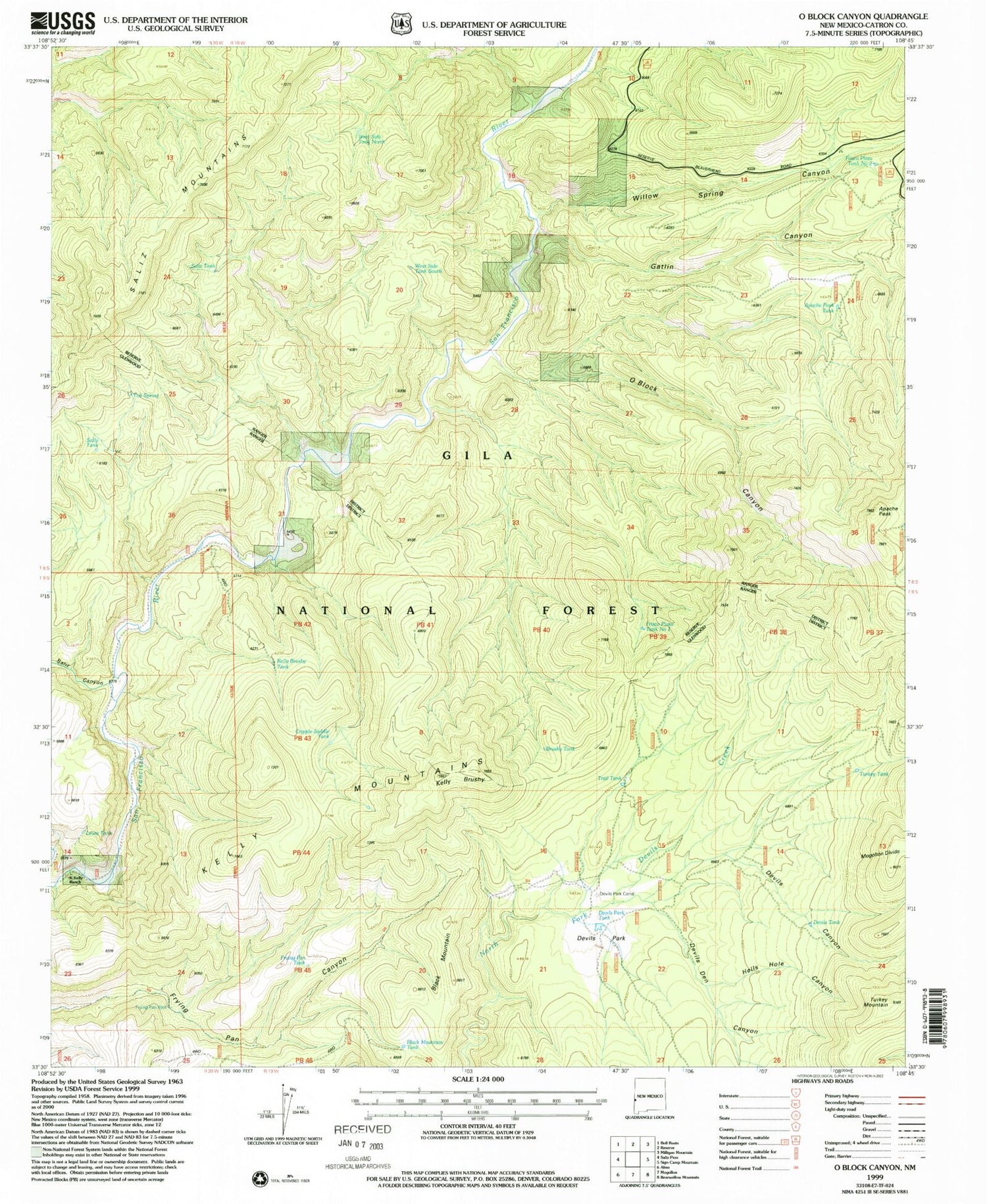Classic USGS O Block Canyon New Mexico 7.5'x7.5' Topo Map Image