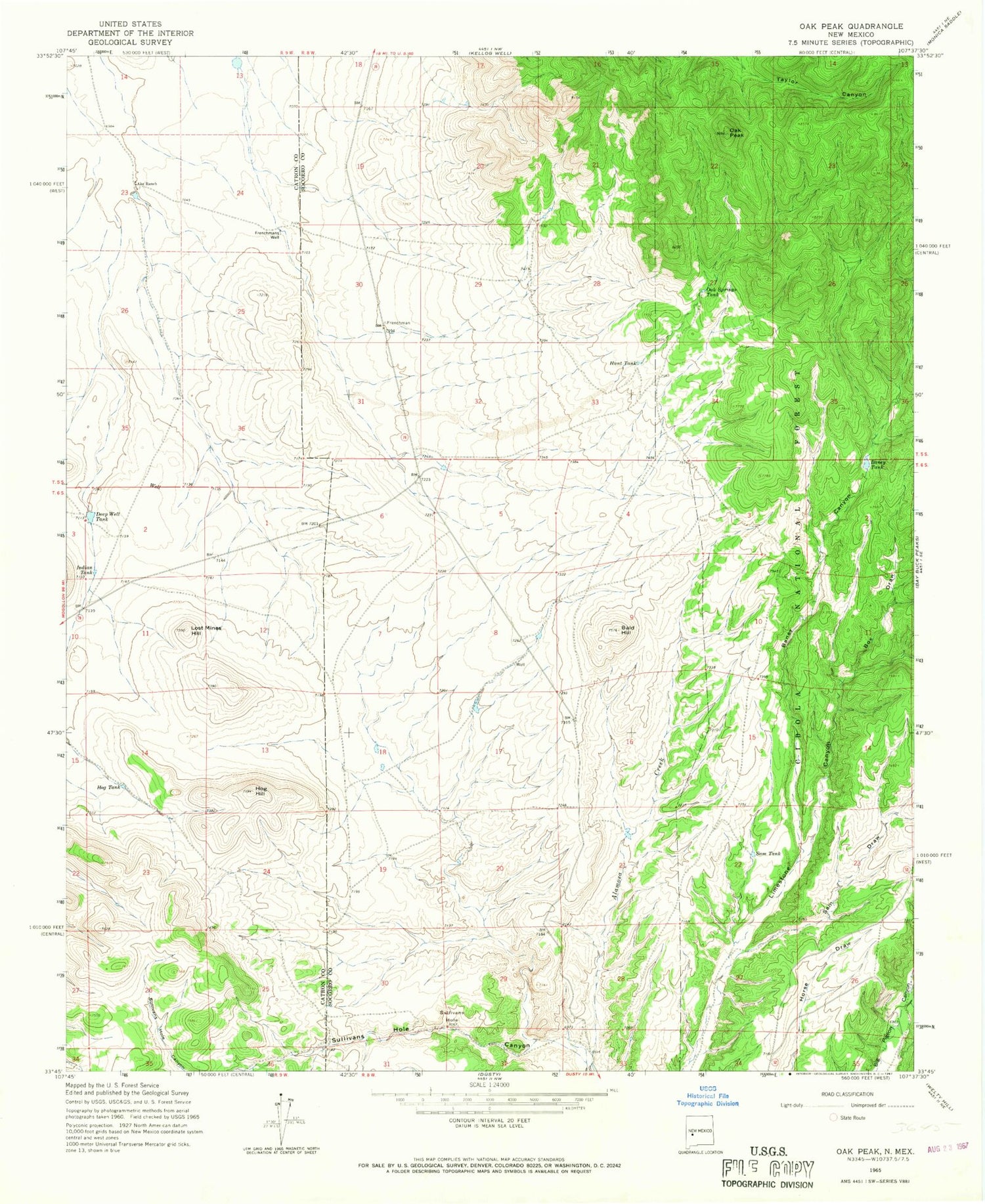 Classic USGS Oak Peak New Mexico 7.5'x7.5' Topo Map Image