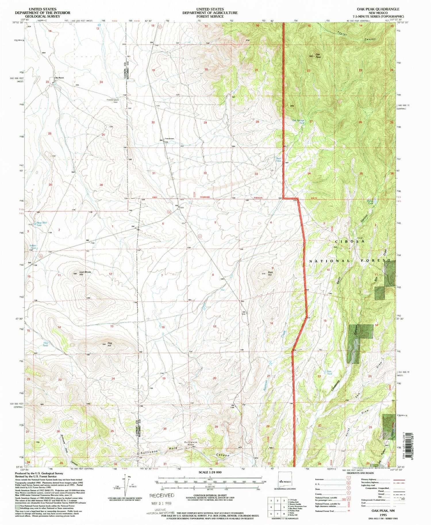 Classic USGS Oak Peak New Mexico 7.5'x7.5' Topo Map Image