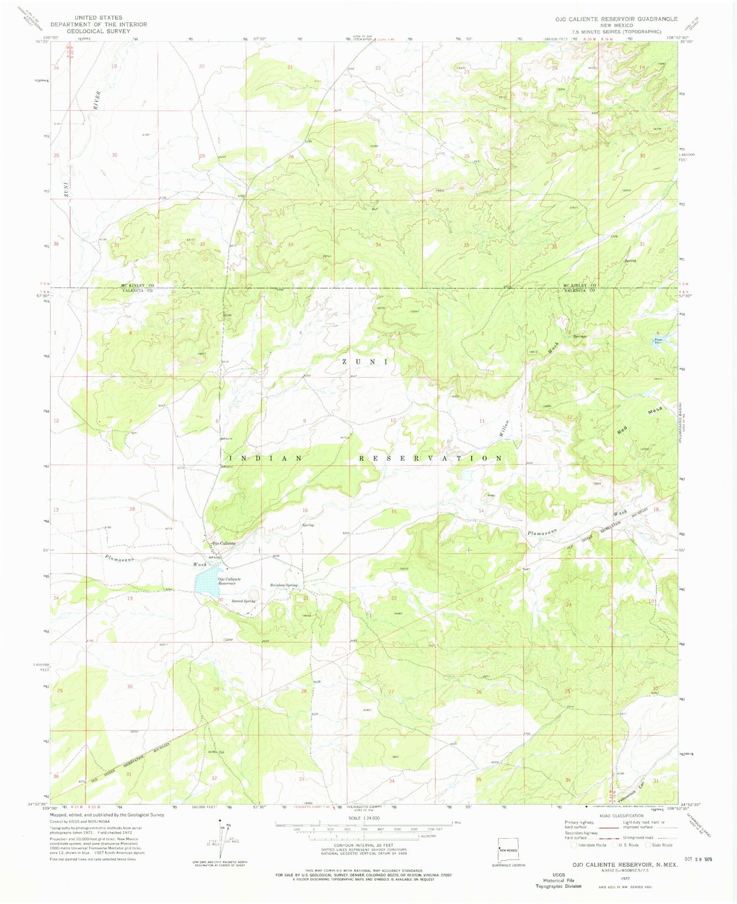 Classic USGS Ojo Caliente Reservoir New Mexico 7.5'x7.5' Topo Map Image