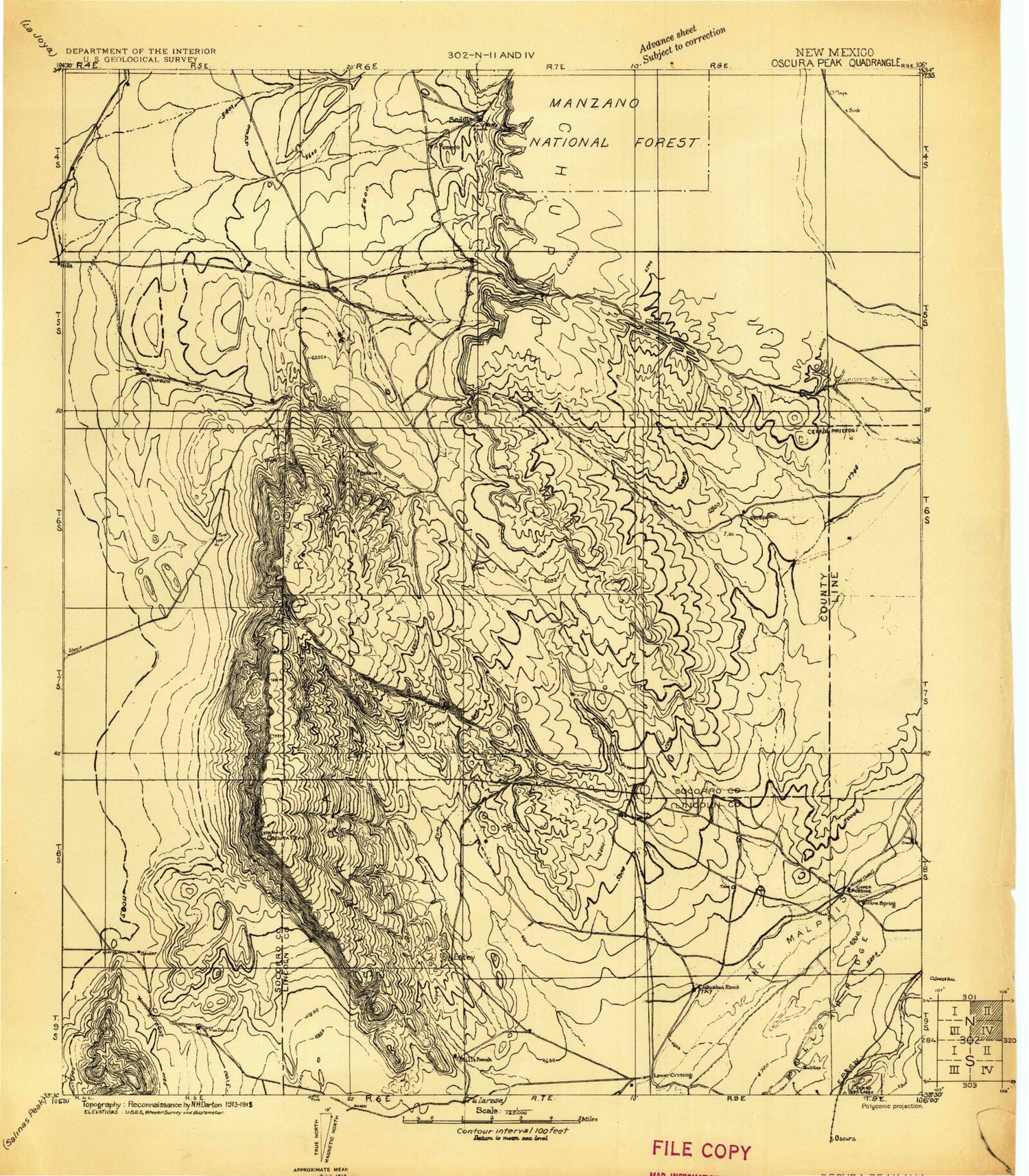 Historic 1918 Oscura Peak New Mexico 30'x30' Topo Map Image