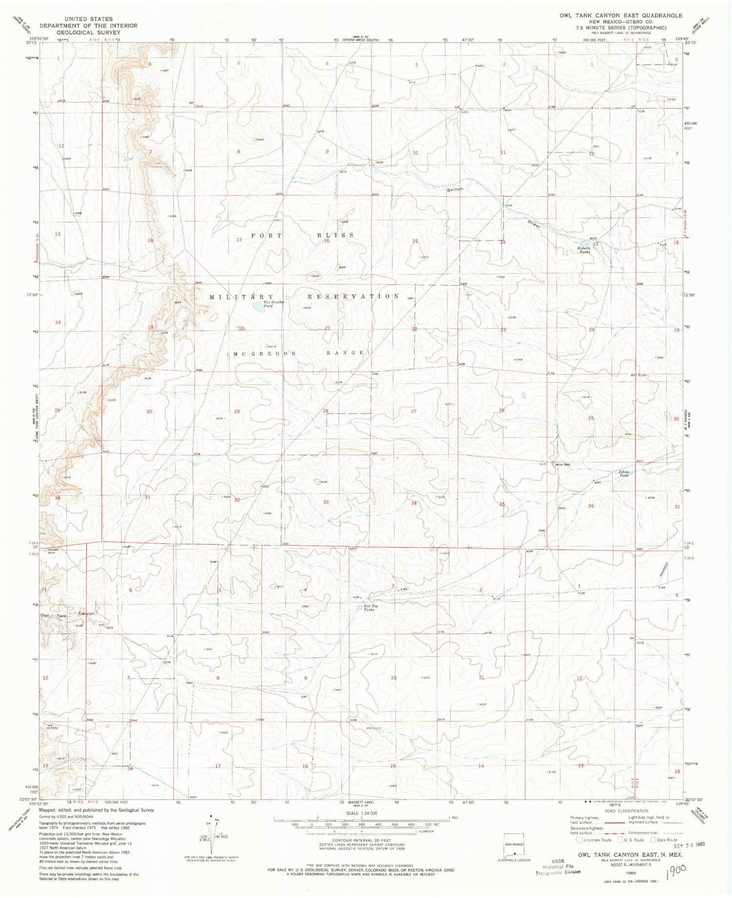 Classic USGS Owl Tank Canyon East New Mexico 7.5'x7.5' Topo Map Image