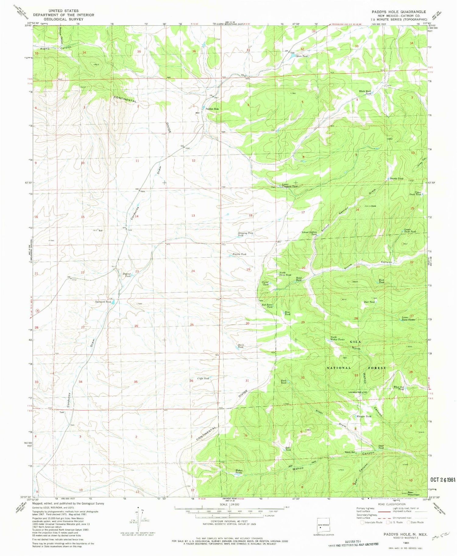 Classic USGS Paddys Hole New Mexico 7.5'x7.5' Topo Map Image