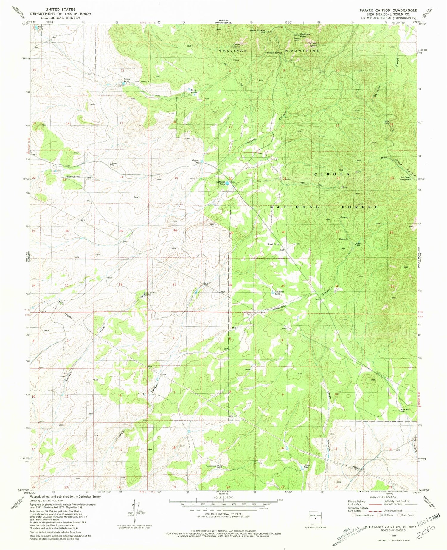 Classic USGS Pajaro Canyon New Mexico 7.5'x7.5' Topo Map Image