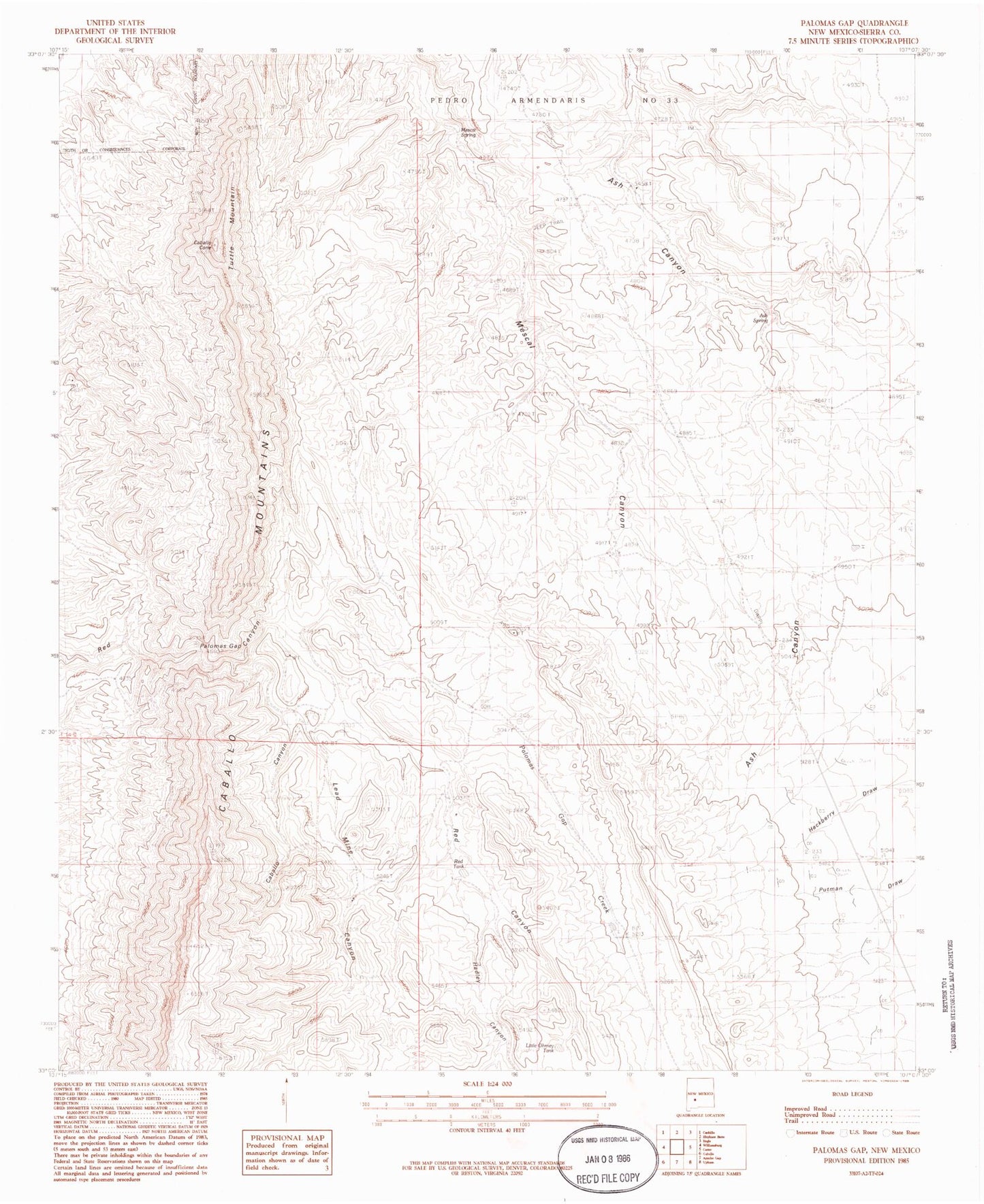Classic USGS Palomas Gap New Mexico 7.5'x7.5' Topo Map Image