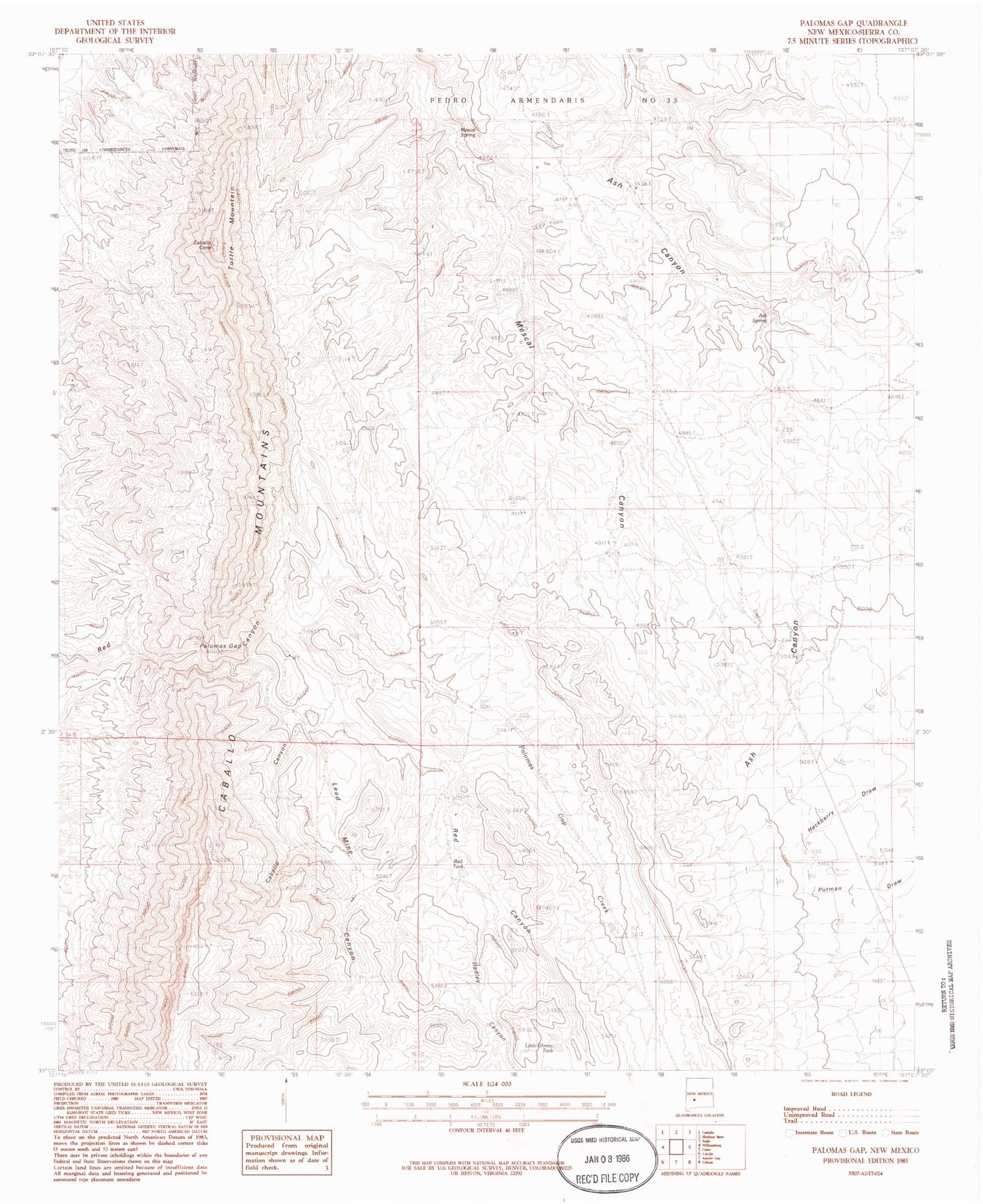 Classic USGS Palomas Gap New Mexico 7.5'x7.5' Topo Map Image