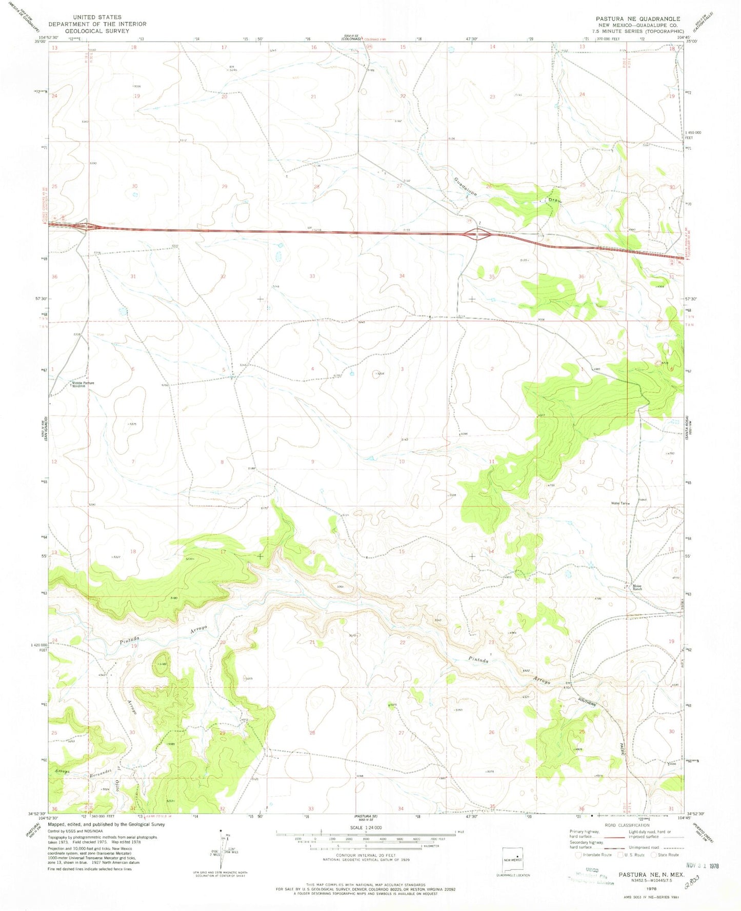 Classic USGS Pastura NE New Mexico 7.5'x7.5' Topo Map Image