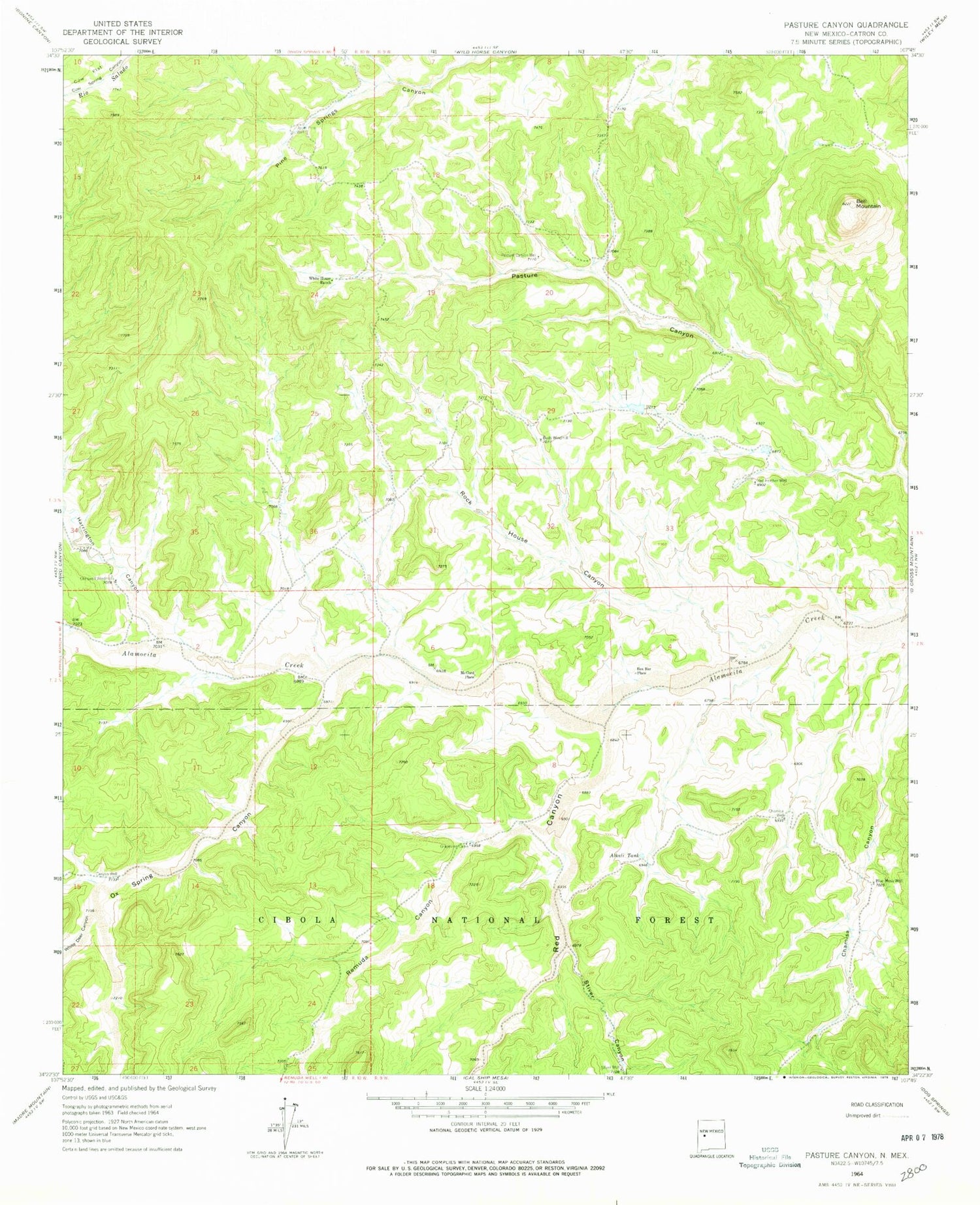 Classic USGS Pasture Canyon New Mexico 7.5'x7.5' Topo Map Image