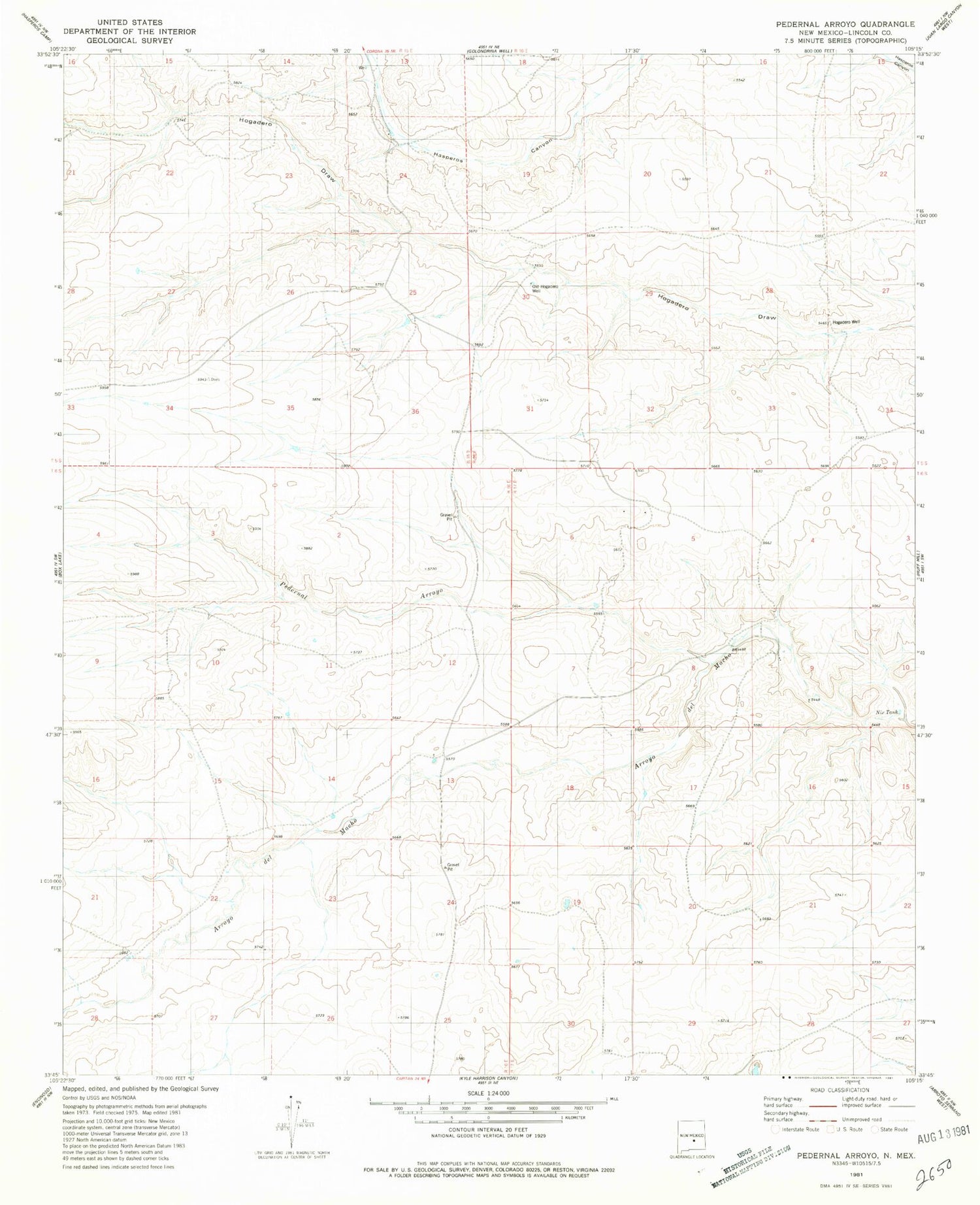 Classic USGS Pedernal Arroyo New Mexico 7.5'x7.5' Topo Map Image
