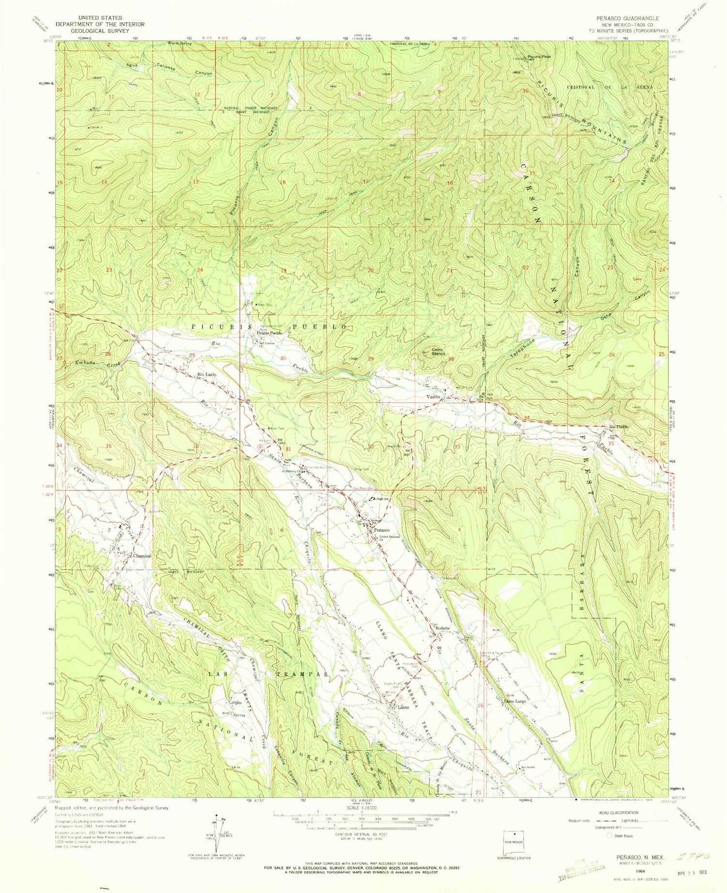 Classic USGS Penasco New Mexico 7.5'x7.5' Topo Map Image