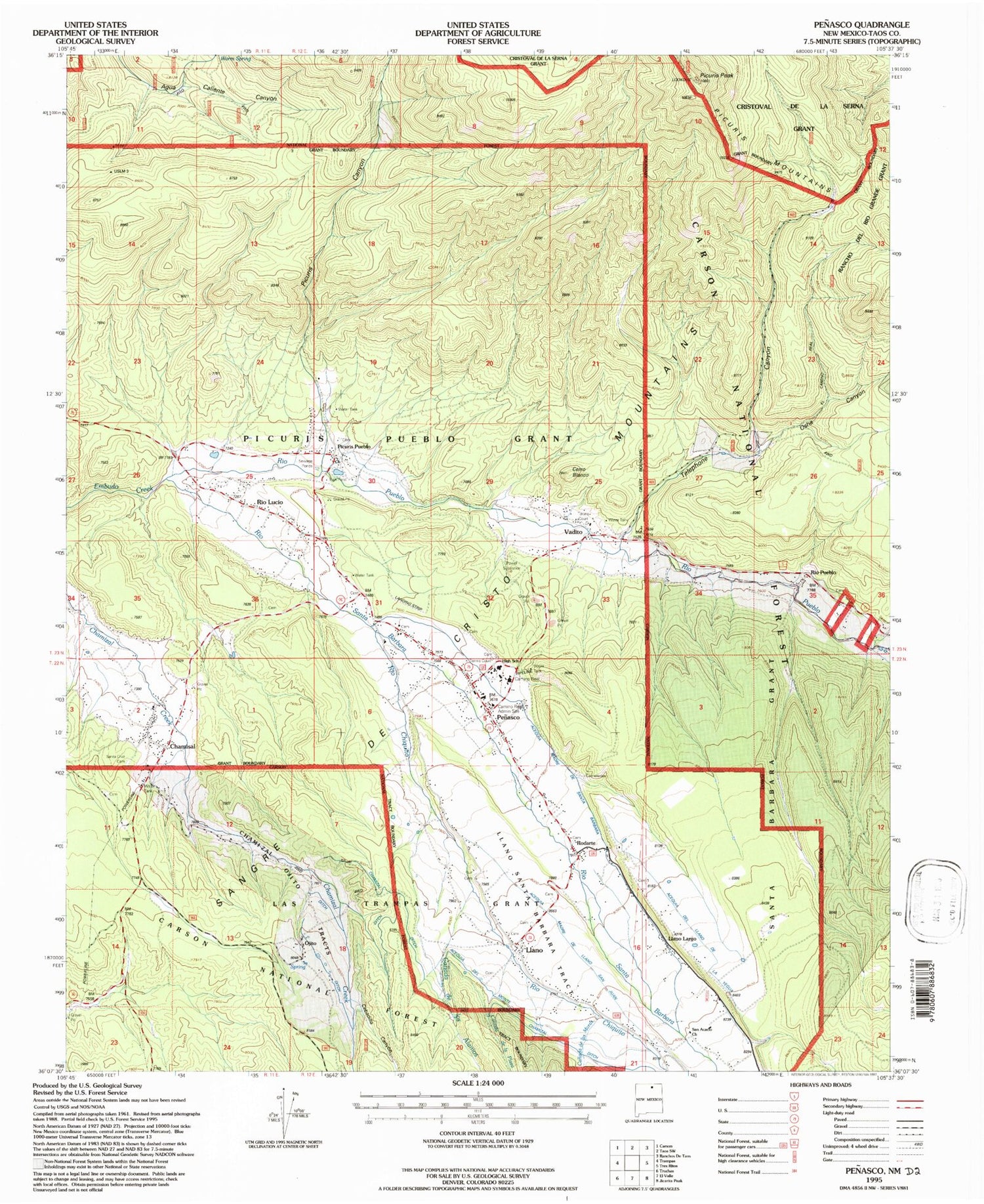 Classic USGS Penasco New Mexico 7.5'x7.5' Topo Map Image