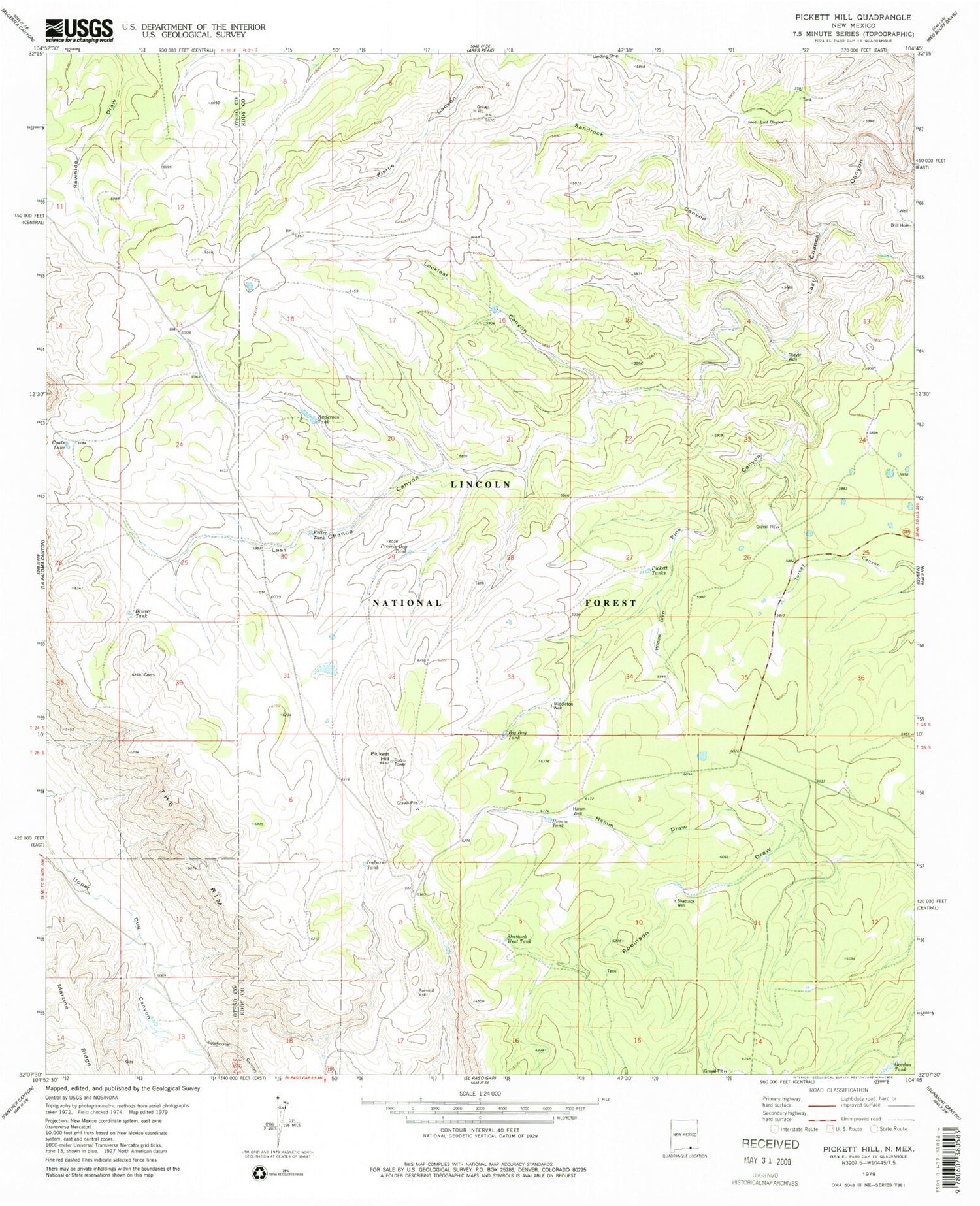 Classic USGS Pickett Hill New Mexico 7.5'x7.5' Topo Map Image