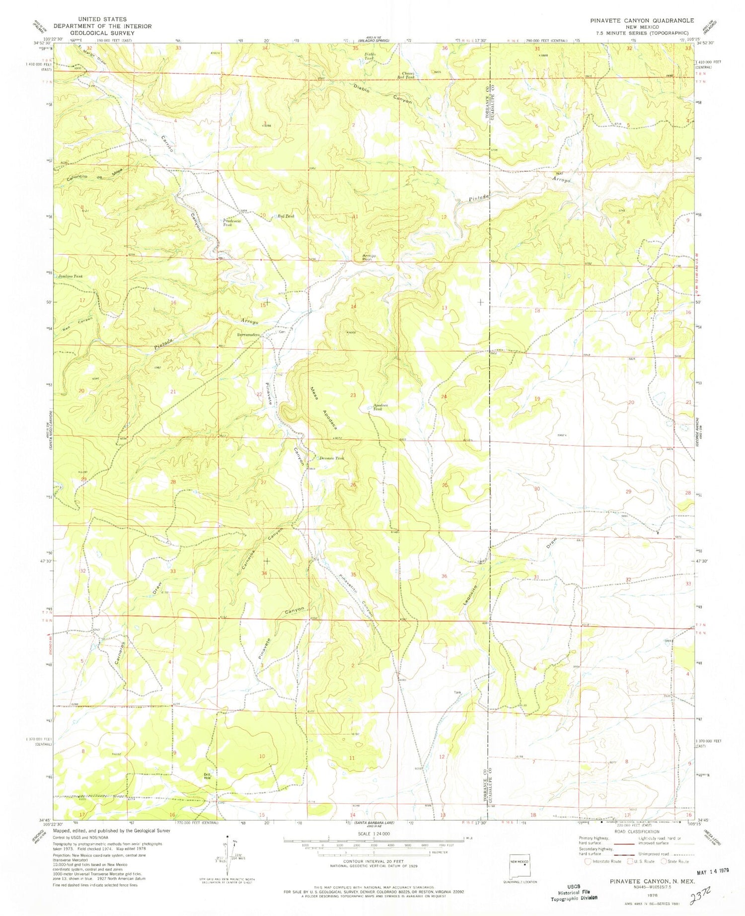 Classic USGS Pinavete Canyon New Mexico 7.5'x7.5' Topo Map Image