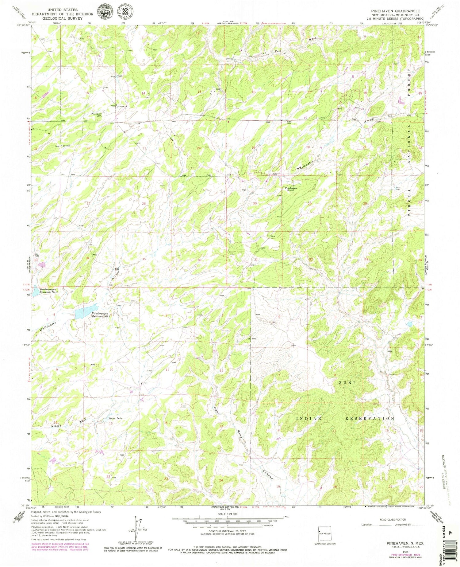 Classic USGS Pinehaven New Mexico 7.5'x7.5' Topo Map Image