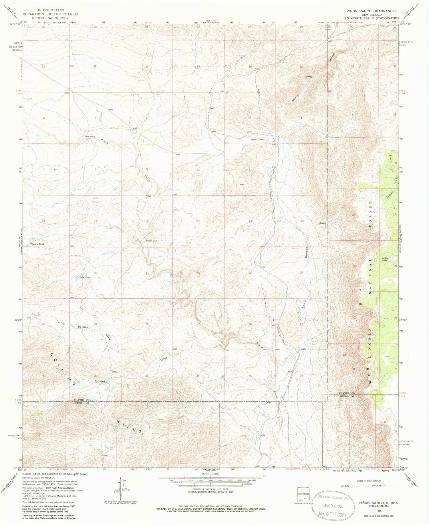 Classic USGS Pinon Ranch New Mexico 7.5'x7.5' Topo Map Image