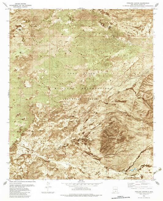 Classic USGS Pipeline Canyon New Mexico 7.5'x7.5' Topo Map Image