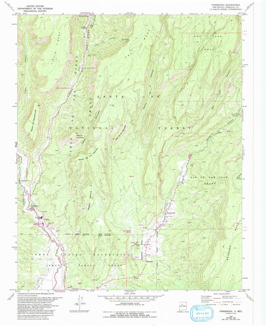 Classic USGS Ponderosa New Mexico 7.5'x7.5' Topo Map Image