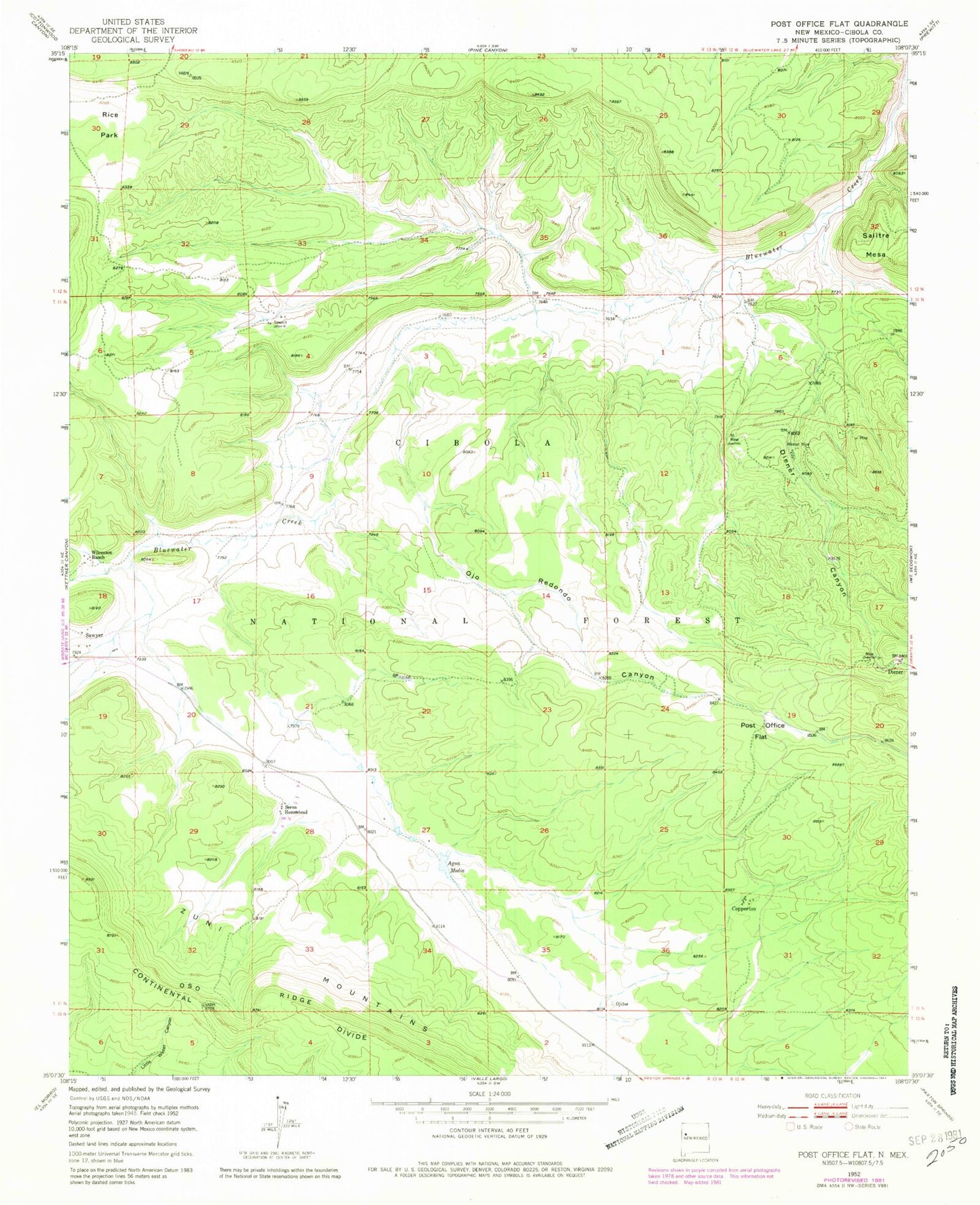 Classic USGS Post Office Flat New Mexico 7.5'x7.5' Topo Map Image