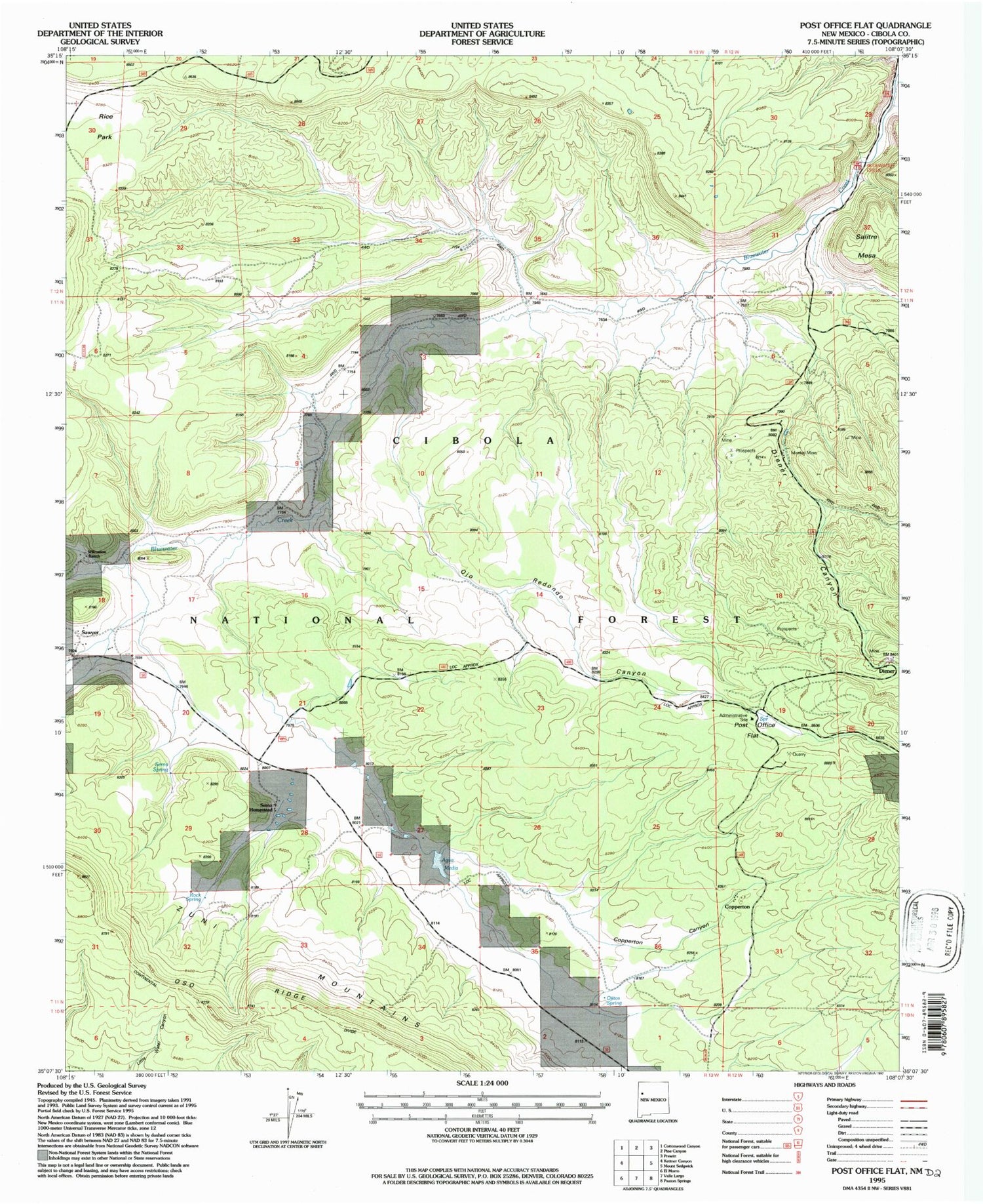Classic USGS Post Office Flat New Mexico 7.5'x7.5' Topo Map Image