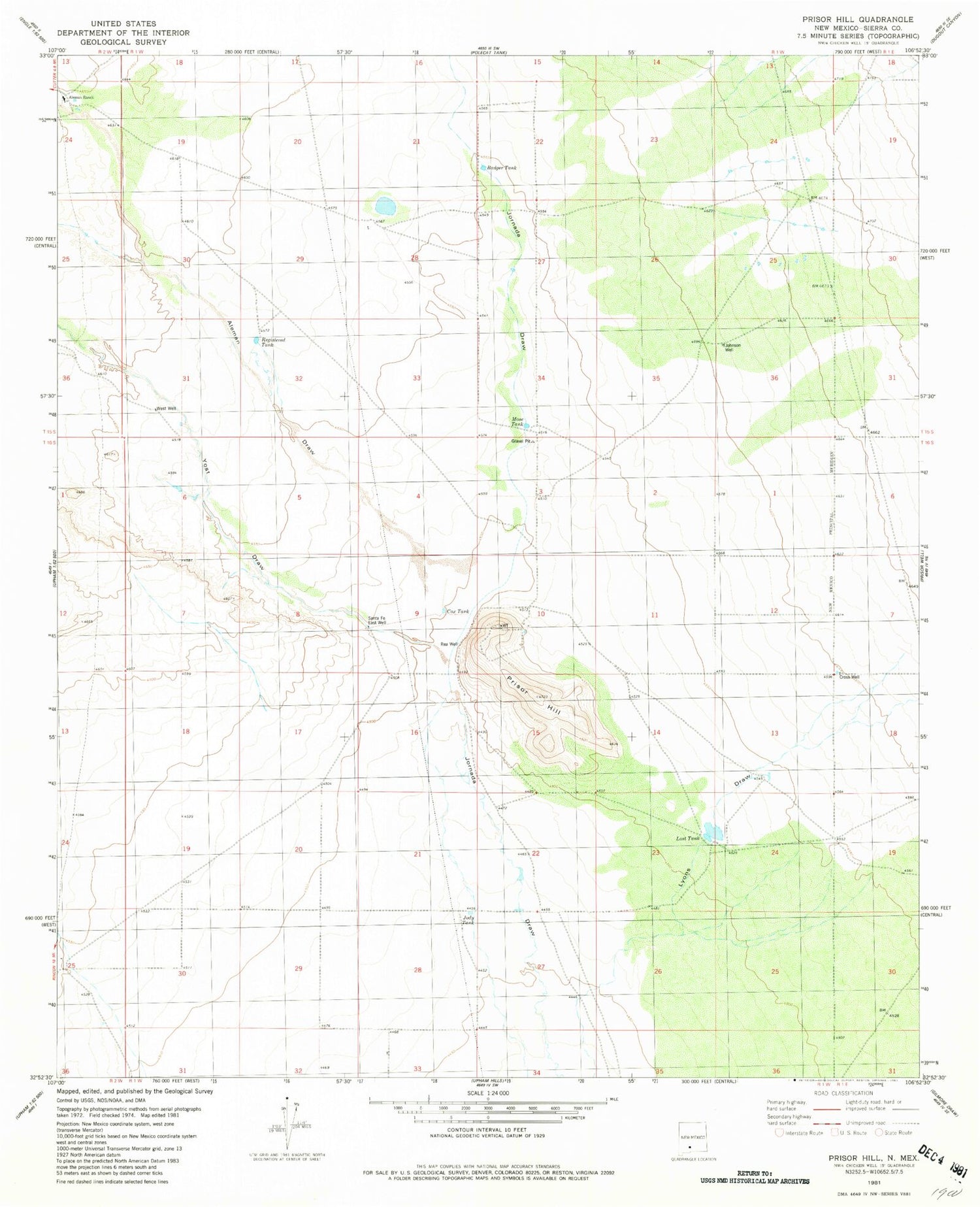 Classic USGS Prisor Hill New Mexico 7.5'x7.5' Topo Map Image
