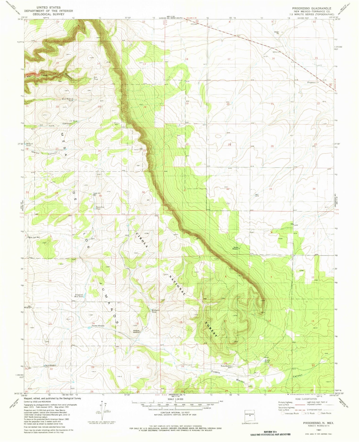Classic USGS Progresso New Mexico 7.5'x7.5' Topo Map Image