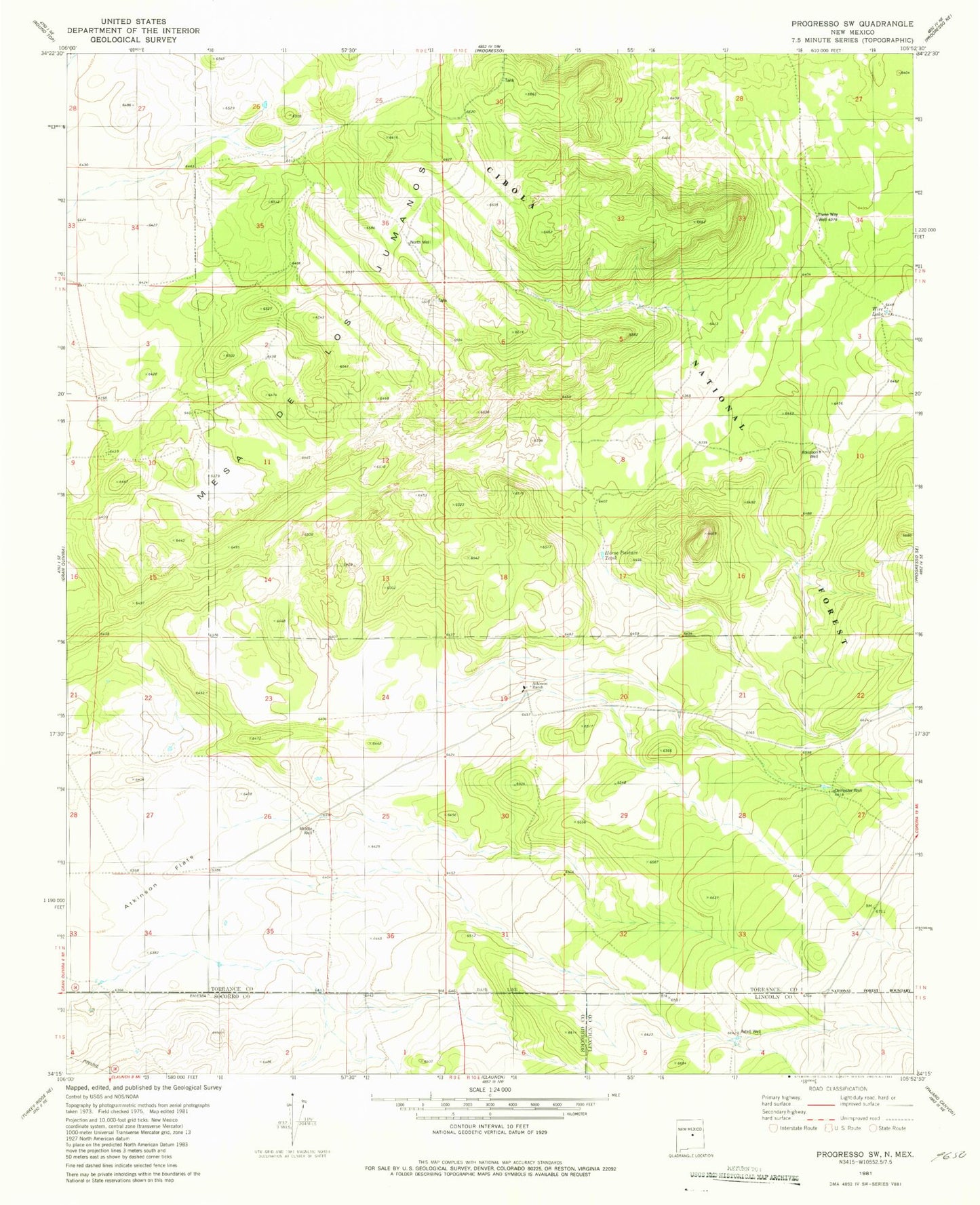 Classic USGS Progresso SW New Mexico 7.5'x7.5' Topo Map Image