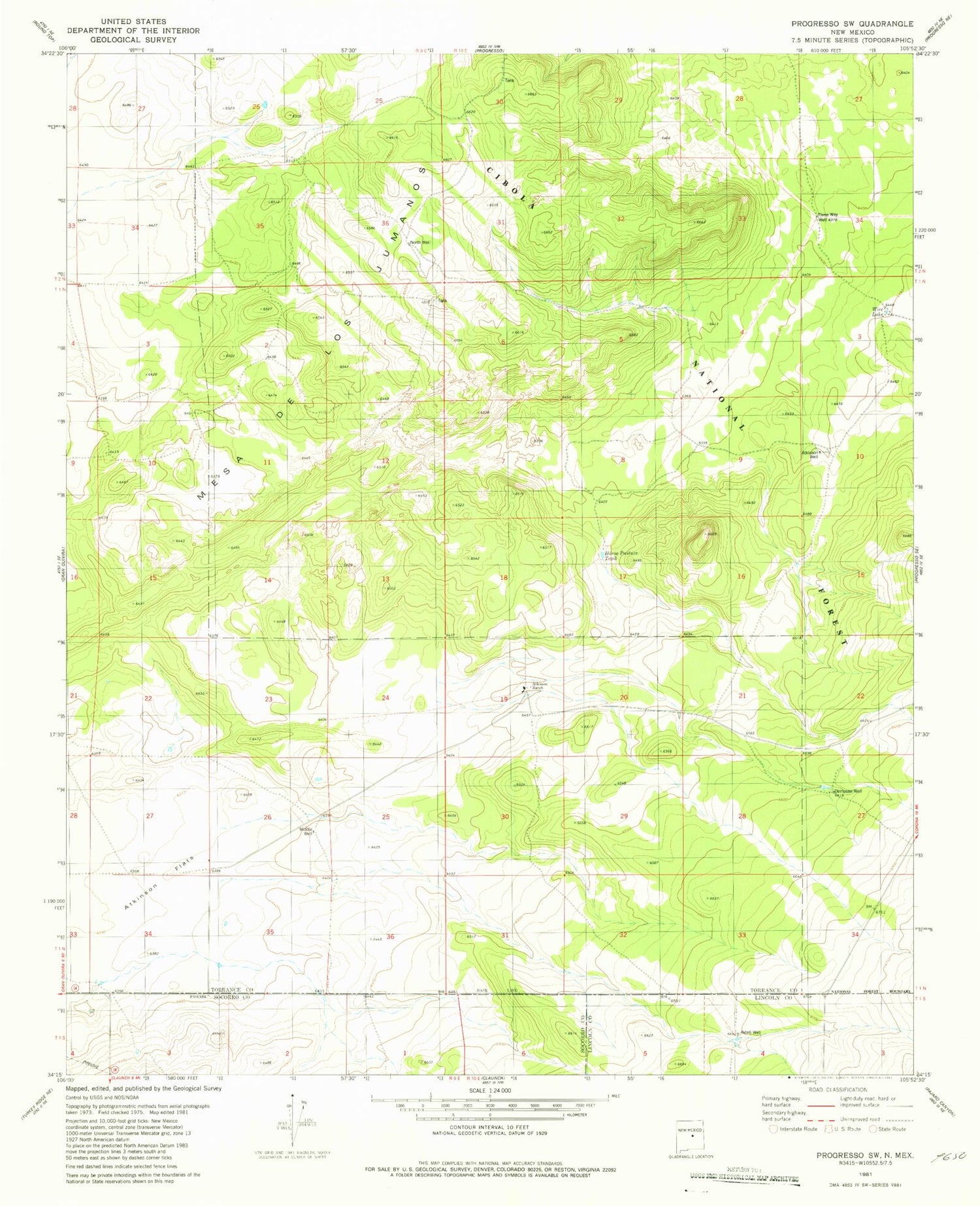 Classic USGS Progresso SW New Mexico 7.5'x7.5' Topo Map Image