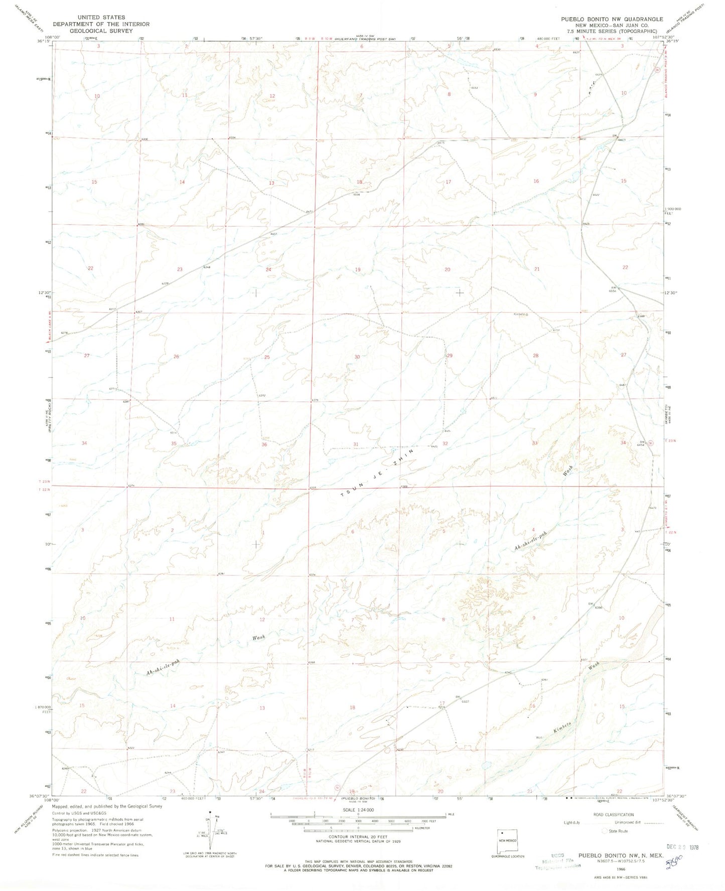 Classic USGS Pueblo Bonito NW New Mexico 7.5'x7.5' Topo Map Image
