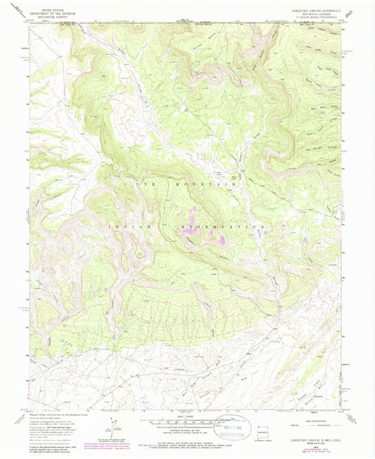 Classic USGS Purgatory Canyon New Mexico 7.5'x7.5' Topo Map Image