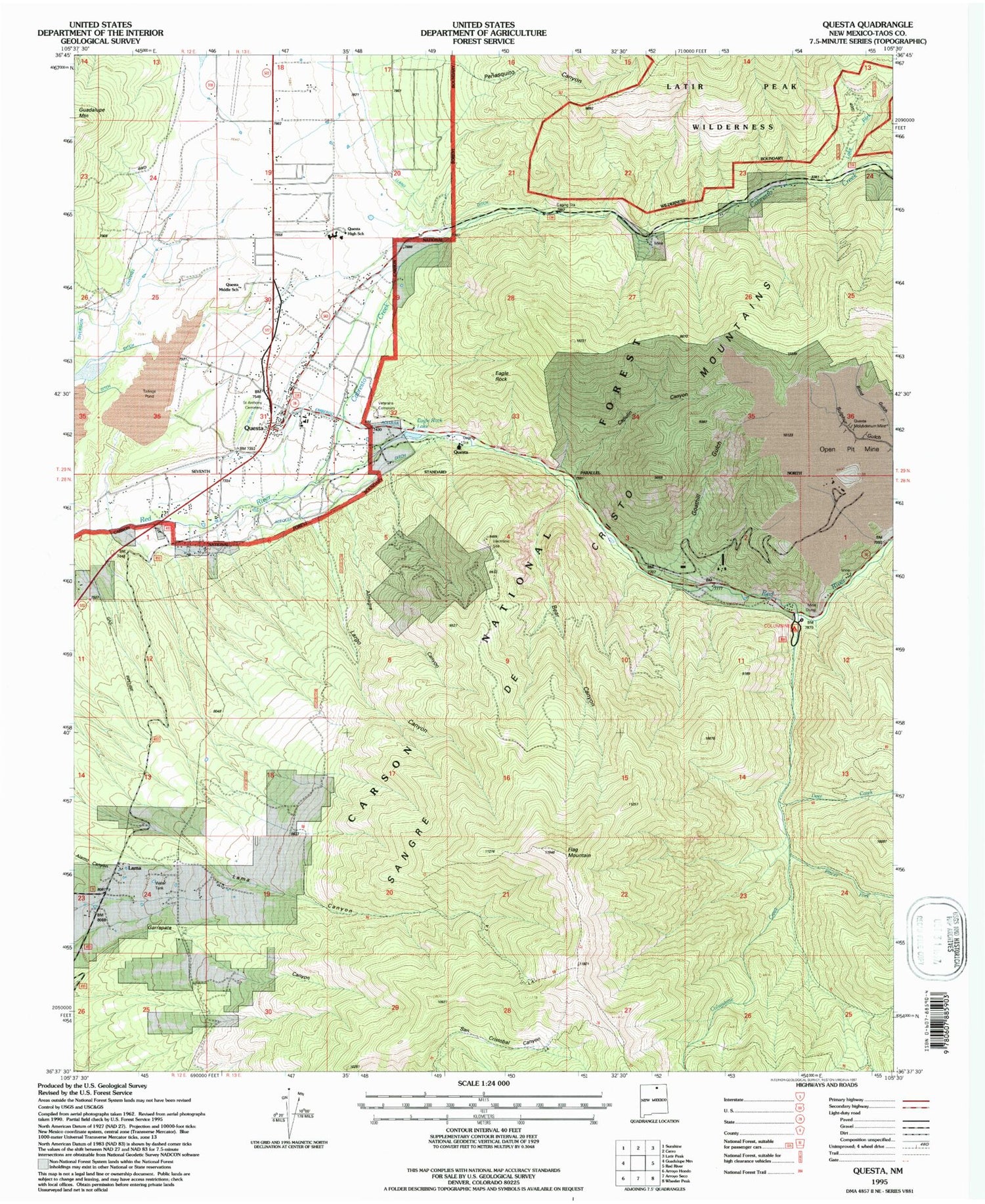 Classic USGS Questa New Mexico 7.5'x7.5' Topo Map Image