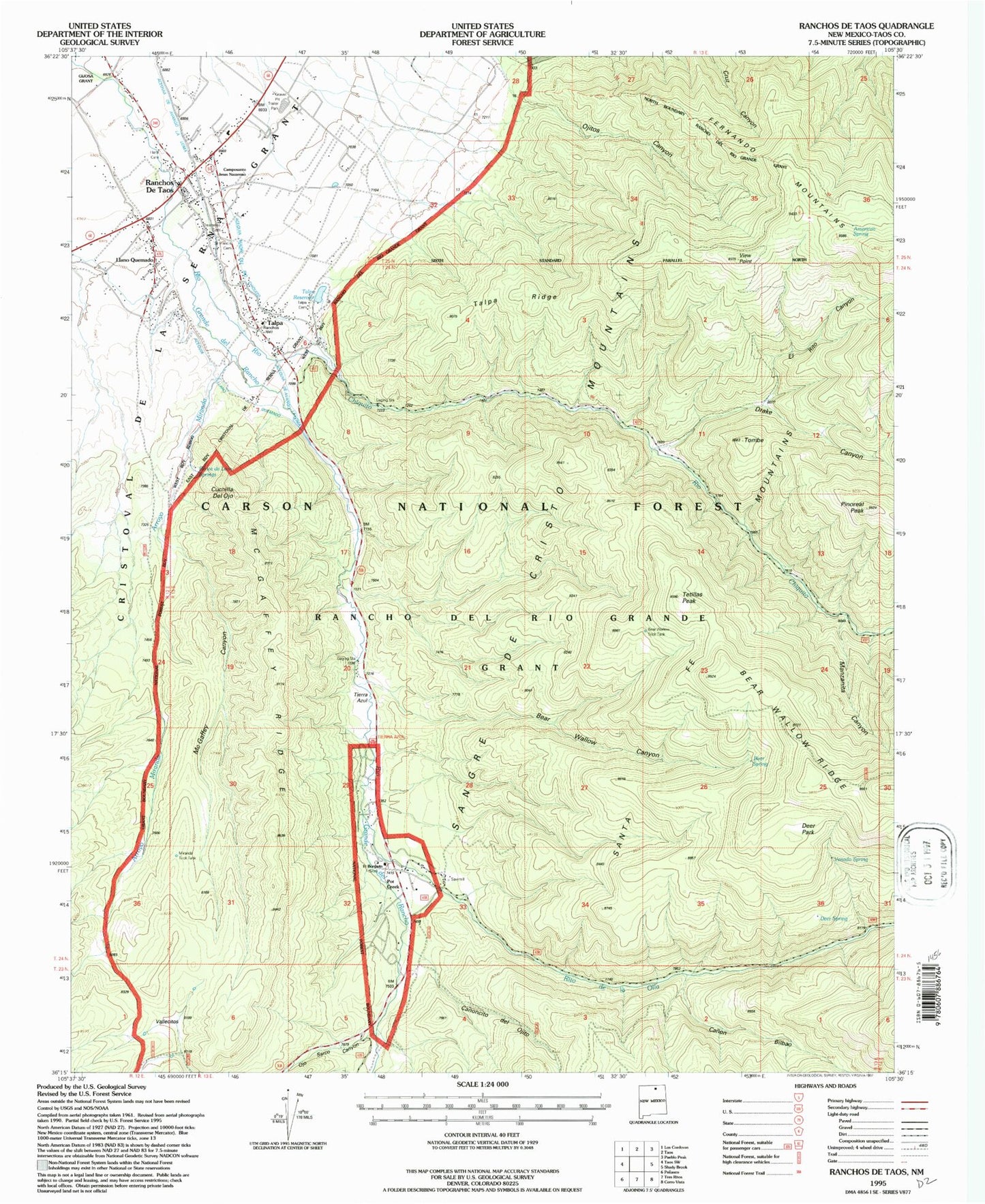 Classic USGS Ranchos De Taos New Mexico 7.5'x7.5' Topo Map Image