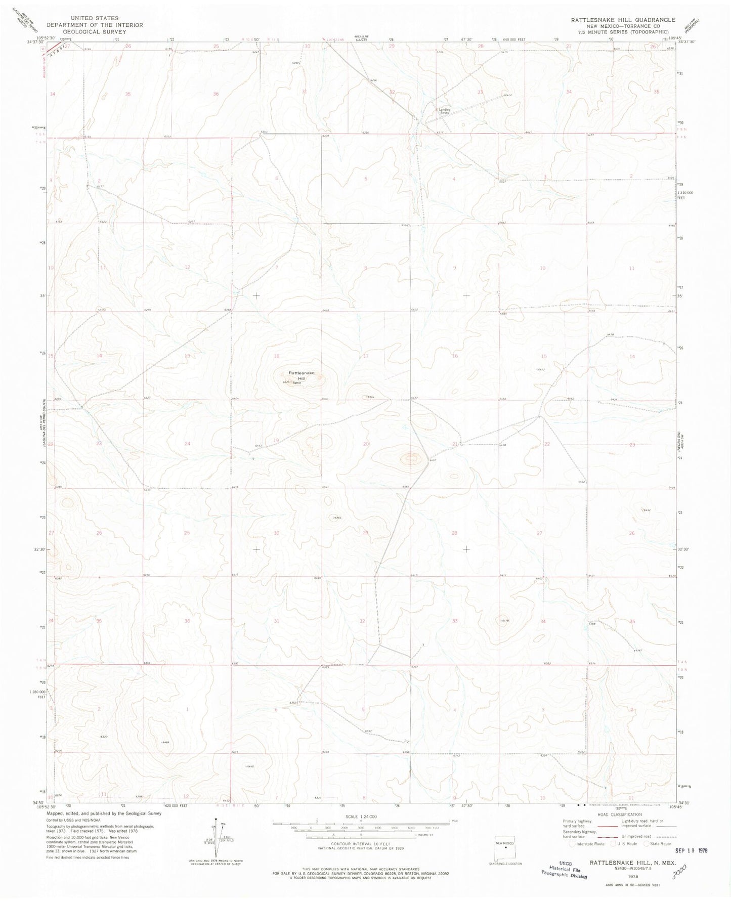 Classic USGS Rattlesnake Hill New Mexico 7.5'x7.5' Topo Map Image