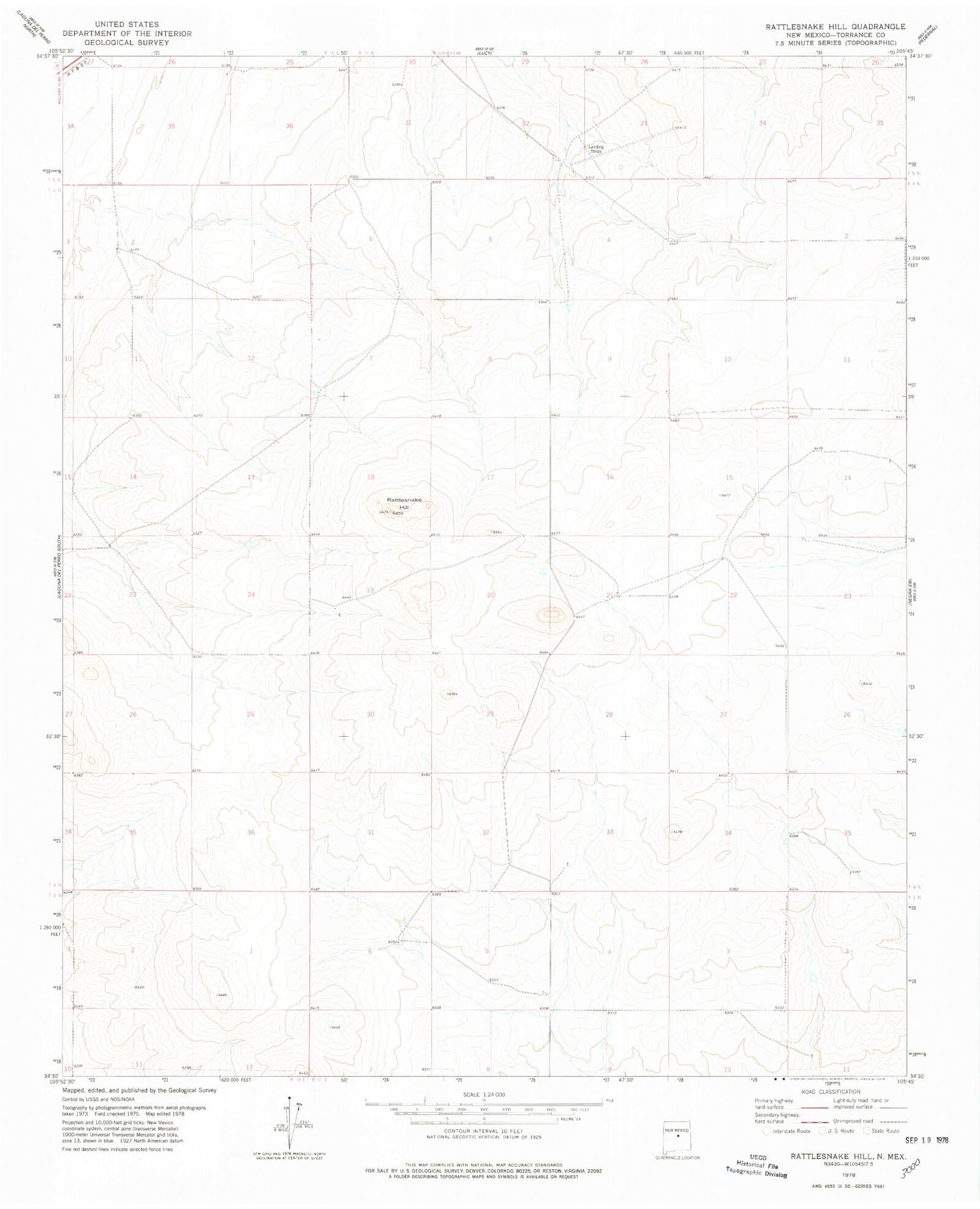 Classic USGS Rattlesnake Hill New Mexico 7.5'x7.5' Topo Map Image