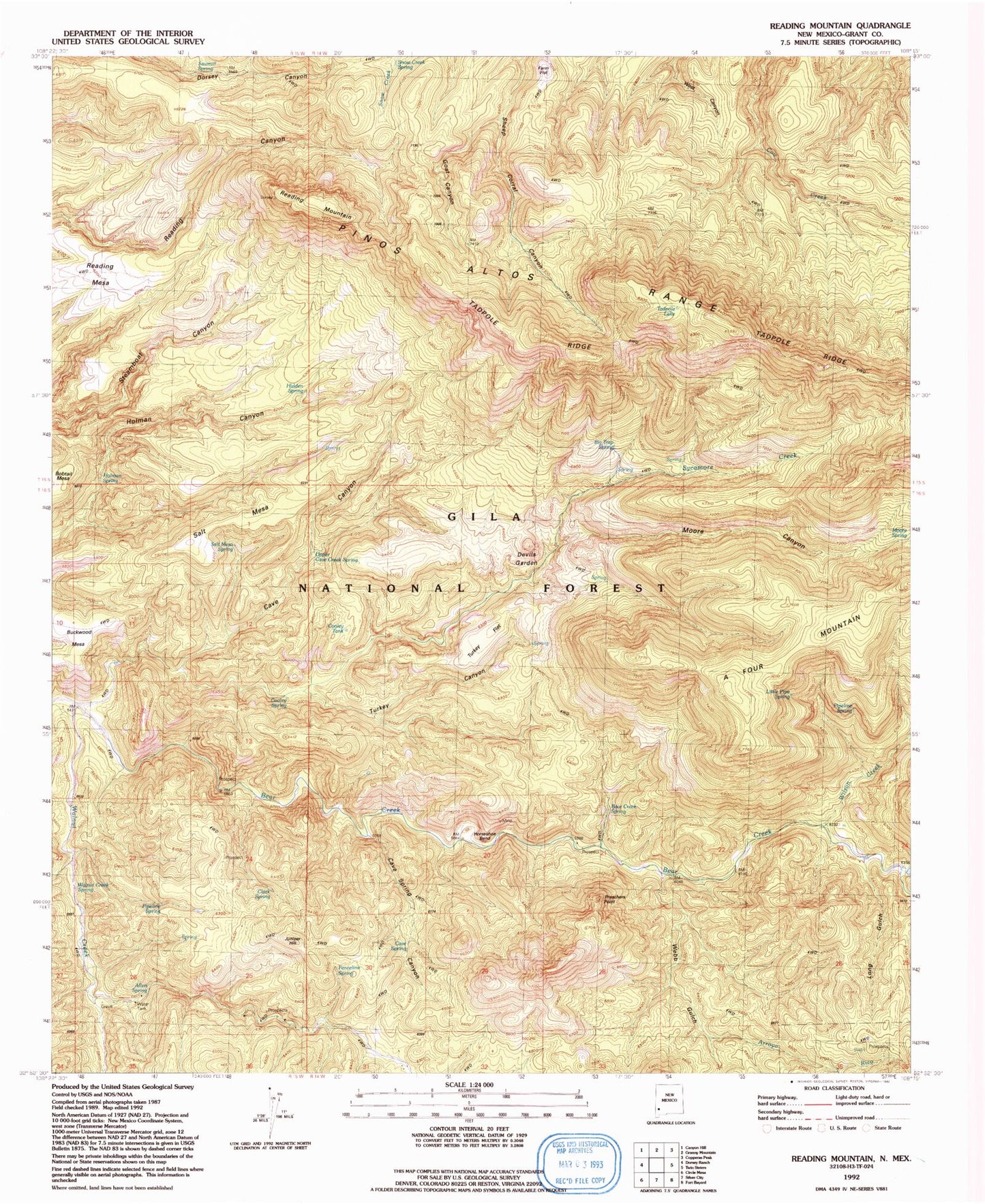 Classic USGS Reading Mountain New Mexico 7.5'x7.5' Topo Map Image
