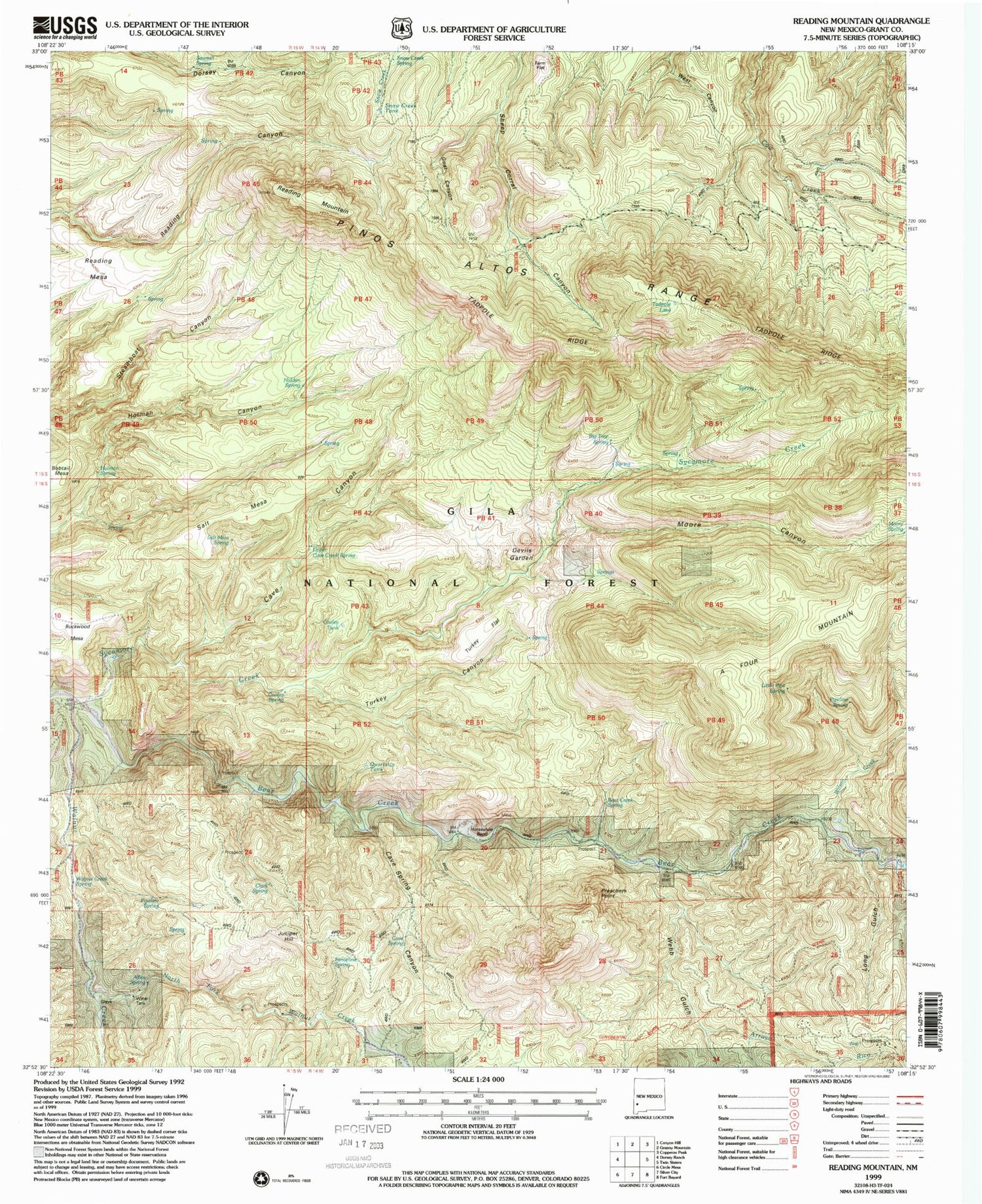 Classic USGS Reading Mountain New Mexico 7.5'x7.5' Topo Map Image