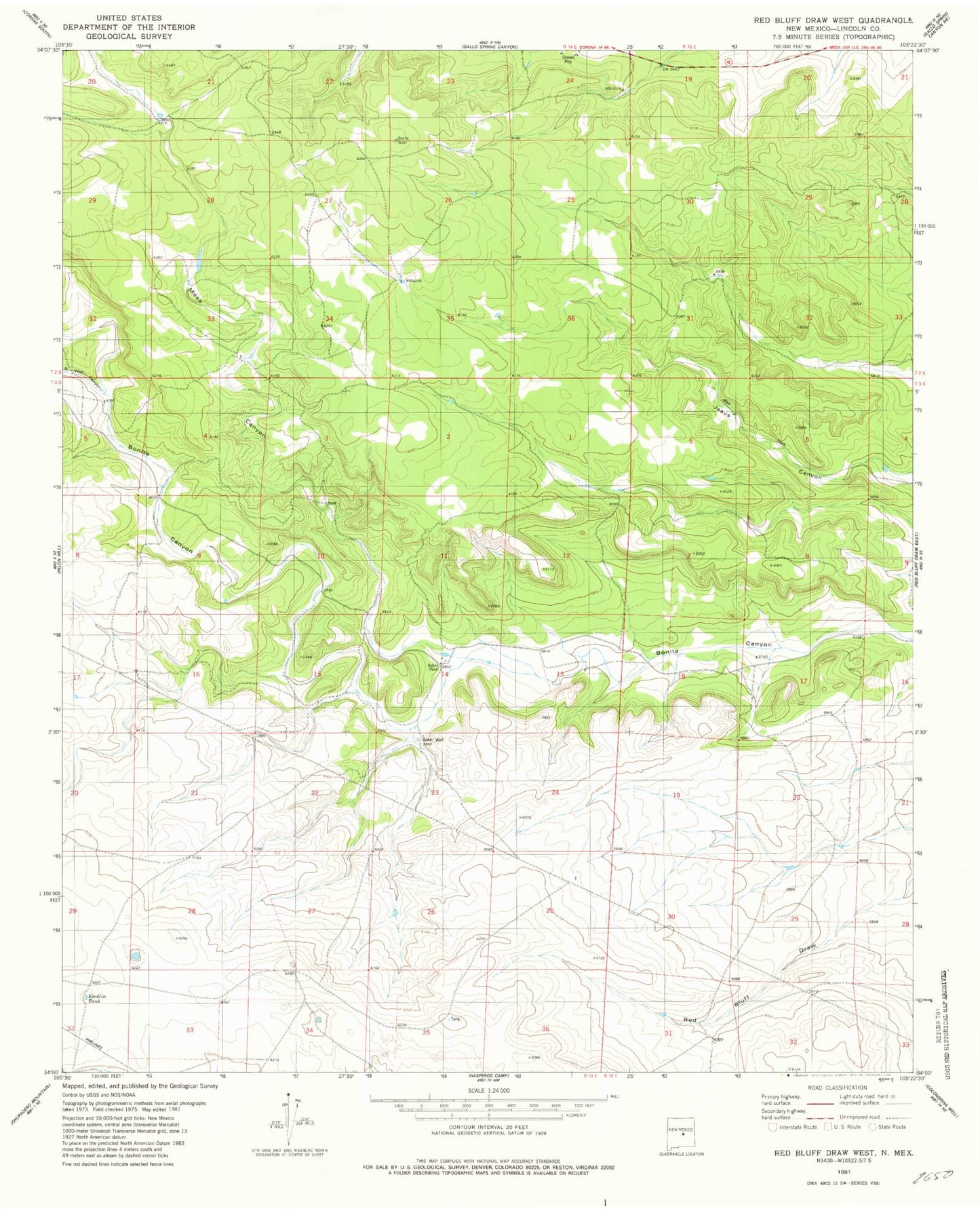 Classic USGS Red Bluff Draw West New Mexico 7.5'x7.5' Topo Map Image