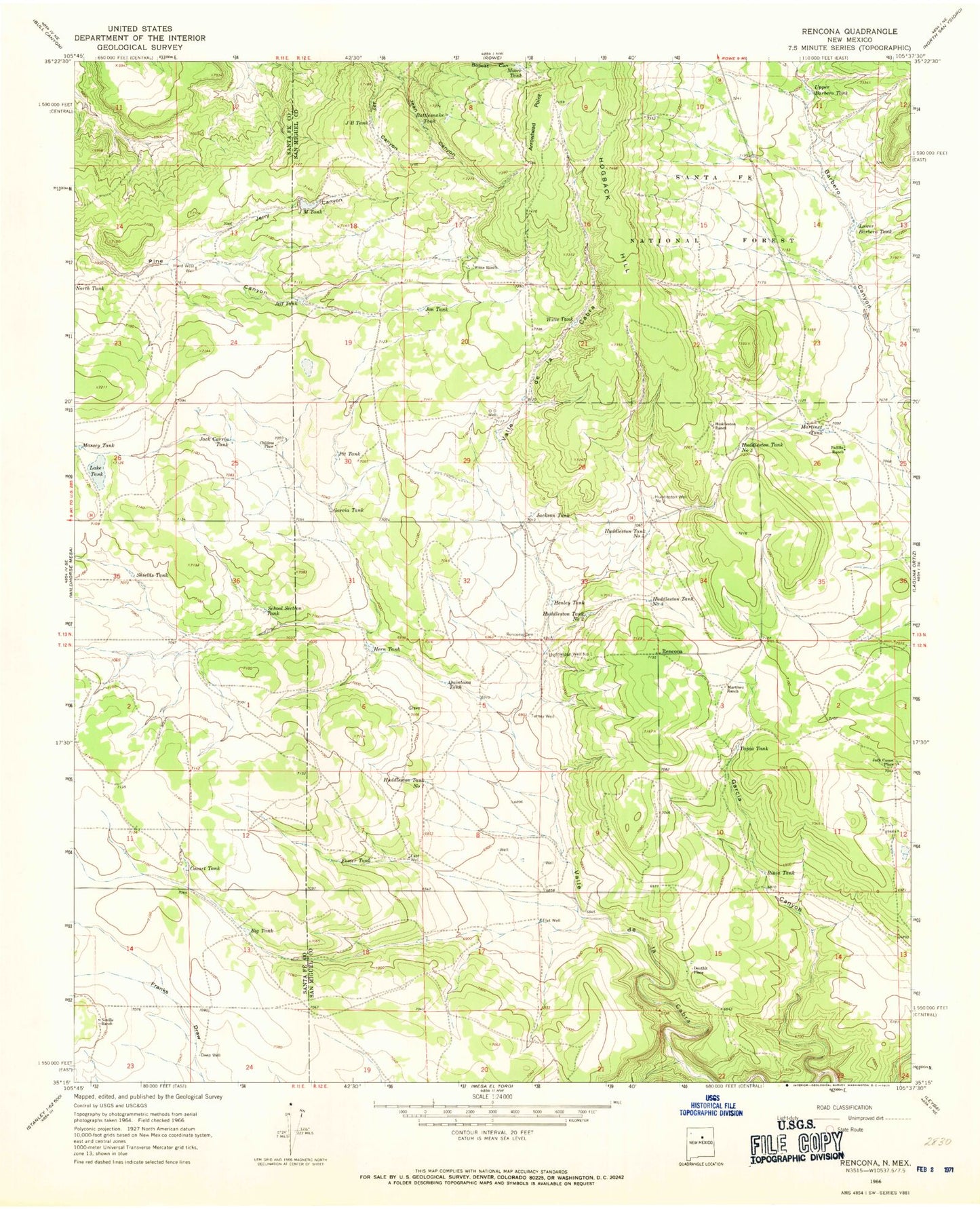 Classic USGS Rencona New Mexico 7.5'x7.5' Topo Map Image